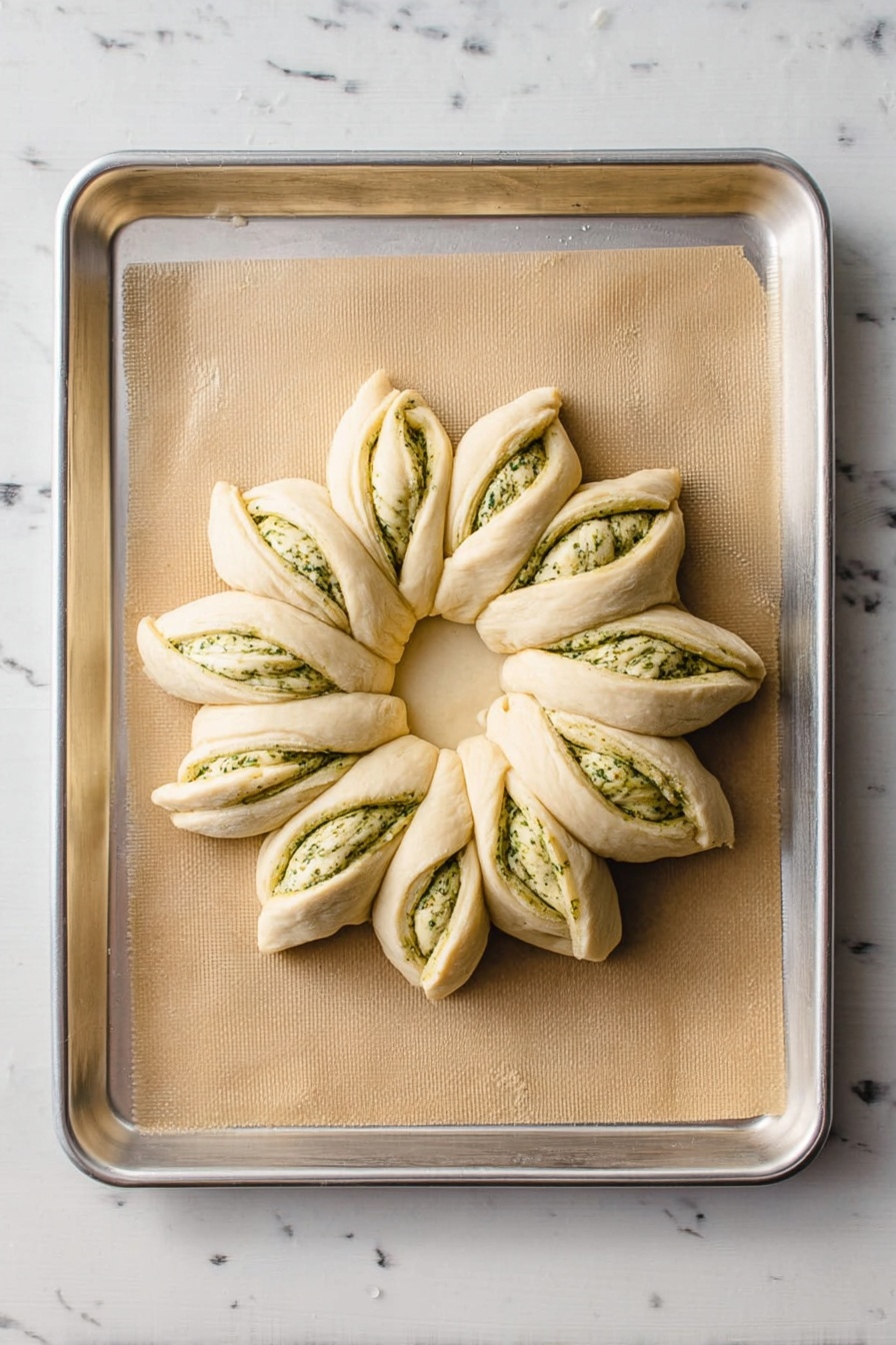 Pesto Star Bread, savory pesto bread, cheesy bread recipe, holiday bread ideas, easy homemade bread - A circular dough shaped like a flower with eight twisted petals sits on a baking tray lined with parchment paper. Each petal shows visible layers with a green herb filling in between, giving it a layered look of light dough and green specks. The center is smooth and untouched, providing a round blank space. The baking tray is silver and rests on a white marbled surface. Photo taken with an iphone --ar 2:3 --v 7