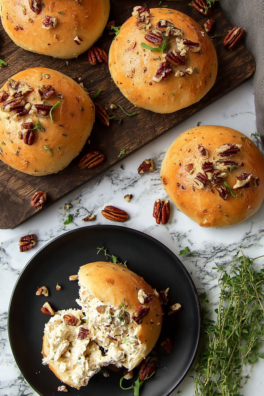 Cranberry Chicken Puffs, cranberry chicken appetizer, flaky chicken puffs, quick savory snacks, crowd-pleasing appetizer - The image shows five golden brown round bread rolls topped with chopped pecans and small green herb leaves. Four rolls sit on a dark wooden board partially visible at the top, with some scattered pecans and green herbs around them. One roll is broken open on a black plate at the bottom, revealing creamy white chicken salad filling mixed with pecans inside. The surface underneath everything is a white marbled texture, and there is a small bunch of fresh green herbs on the right. Photo taken with an iphone --ar 2:3 --v 7