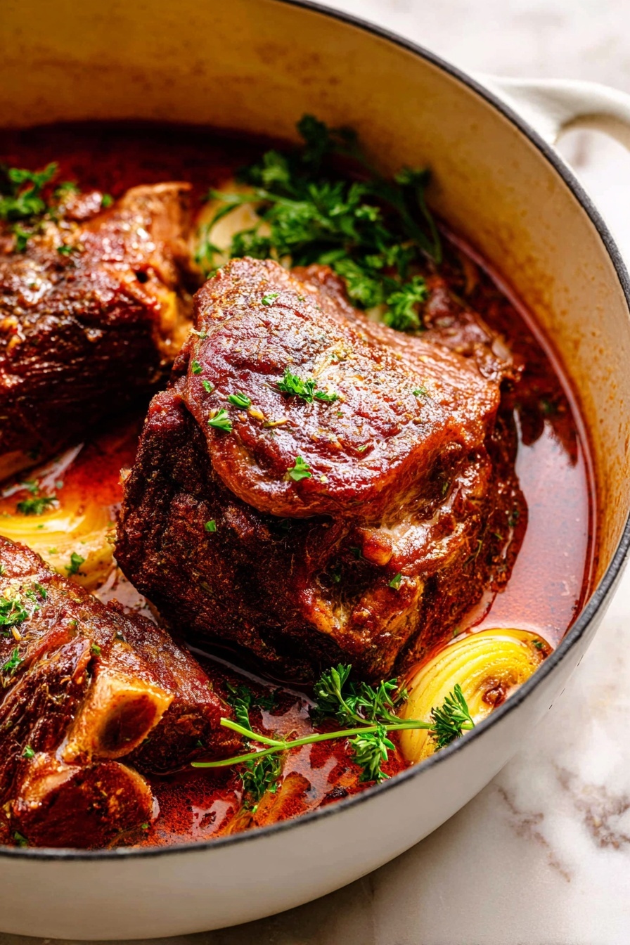 Braised Pork Shoulder with Apples, Pork Shoulder recipes, Slow cooker pork dishes, Apple pork recipes, Comfort food pork dishes - The image shows two large chunks of brown cooked meat with a slightly crispy and glistening surface, sitting in a light red sauce inside a white pot. Fresh green parsley sprigs are placed around the meat, adding a touch of color. Some slices of light yellow vegetables are partially submerged in the sauce, creating a layered look. The white pot contrasts with the rich colors of the sauce and meat, and it rests on a white marbled surface. photo taken with an iphone --ar 2:3 --v 7