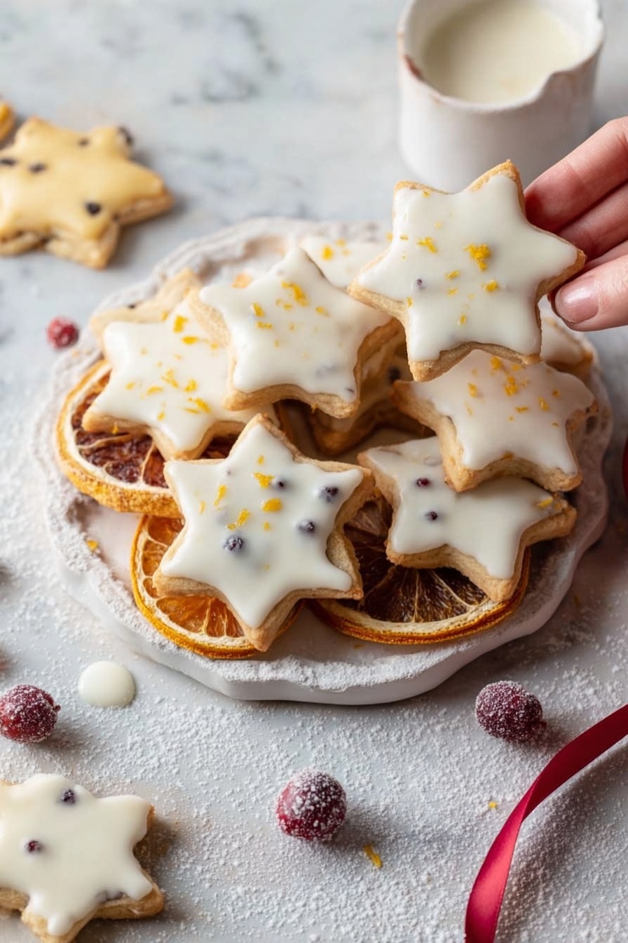 Cranberry Orange Shortbread Cookies, cranberry orange cookies, holiday shortbread cookies, citrus cranberry shortbread, easy holiday cookies - Star-shaped cookies with a smooth white icing layer sprinkled with small orange zest pieces cover a parchment paper sheet placed on a wooden board. Scattered around the cookies are thin dried orange slices with a light brown edge and dark orange centers, adding a rustic look. Small red berries, some frosted, are also spread around, contrasting with the white icing and the warm tones of the orange slices. A fine dusting of white powdered sugar is scattered lightly on the wooden board and parchment paper, enhancing the festive feel. The wooden board has a rough texture with visible grains and a small round hole at the top edge. The scene sits on a white marbled surface that is bright and smooth, providing a clean background. Photo taken with an iphone --ar 2:3 --v 7