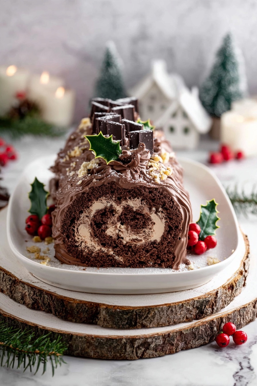 Chocolate Hazelnut Yule Log, holiday chocolate log, festive chocolate dessert, Christmas yule log, hazelnut chocolate cake - The image shows a Yule log cake on a white rectangular plate placed on a wooden round board. The cake has one main layer covered in smooth chocolate cream with dark chocolate ribbon-like strips laid vertically on top, creating a wavy texture. There are small pieces of chopped nuts sprinkled over the chocolate ribbons and around the plate. On top of the cake, a cluster of glossy green holly leaves and bright red berries adds a festive touch. The background features a white marbled surface with decorative mini snowy trees, white houses, and red berries scattered around, giving a winter holiday feel. photo taken with an iphone --ar 2:3 --v 7