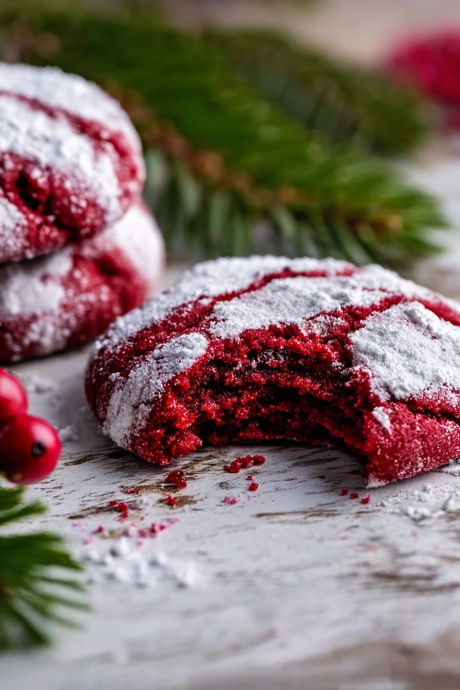 Red Velvet Crinkle Cookies, red velvet cookies, holiday cookies, crackle cookie recipe, chocolate red velvet cookies - A close-up view of a red velvet cookie with a visible bite taken out of the front one, showing a soft red inside with white powdered sugar dusted thickly on the outside. Behind it, two whole cookies stacked slightly on a white marbled surface. To the left, green pine leaves and a small red berry add a festive touch. The wood texture beneath the cookies creates a rustic feel. Photo taken with an iphone --ar 2:3 --v 7