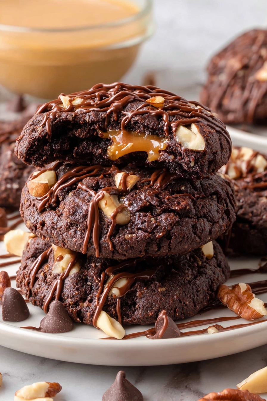 Chocolate Caramel Turtle Cookies, easy chocolate caramel cookies, nutty turtle cookies, caramel chocolate dessert, holiday cookie recipes - The image shows a close view of a dark brown chocolate cookie with a cracked surface, topped with small pieces of walnuts in uneven spots. The cookie is split open in the middle, revealing a stretchy, shiny caramel layer that drips slightly between the two halves. A grid of smooth milk chocolate drizzles covers the top of the cookie. Around the main cookie, other similar cookies with the same chocolate drizzle pattern and walnut pieces are visible, placed on a white marbled surface. photo taken with an iphone --ar 2:3 --v 7