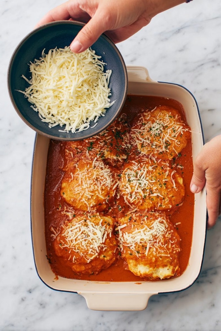 Grilled Cheese with Tomato Soup Bake, baked tomato soup casserole, cheesy tomato bake, comfort food casserole, easy grilled cheese bake - A white rectangular baking dish holds five large round pieces of light brown food fully covered with a smooth reddish-orange sauce. A woman's right hand is sprinkling shredded white cheese over the top right piece, while her left hand holds a dark gray bowl filled with more shredded white cheese above the dish. The dish is placed on a white marbled surface photo taken with an iphone --ar 2:3 --v 7