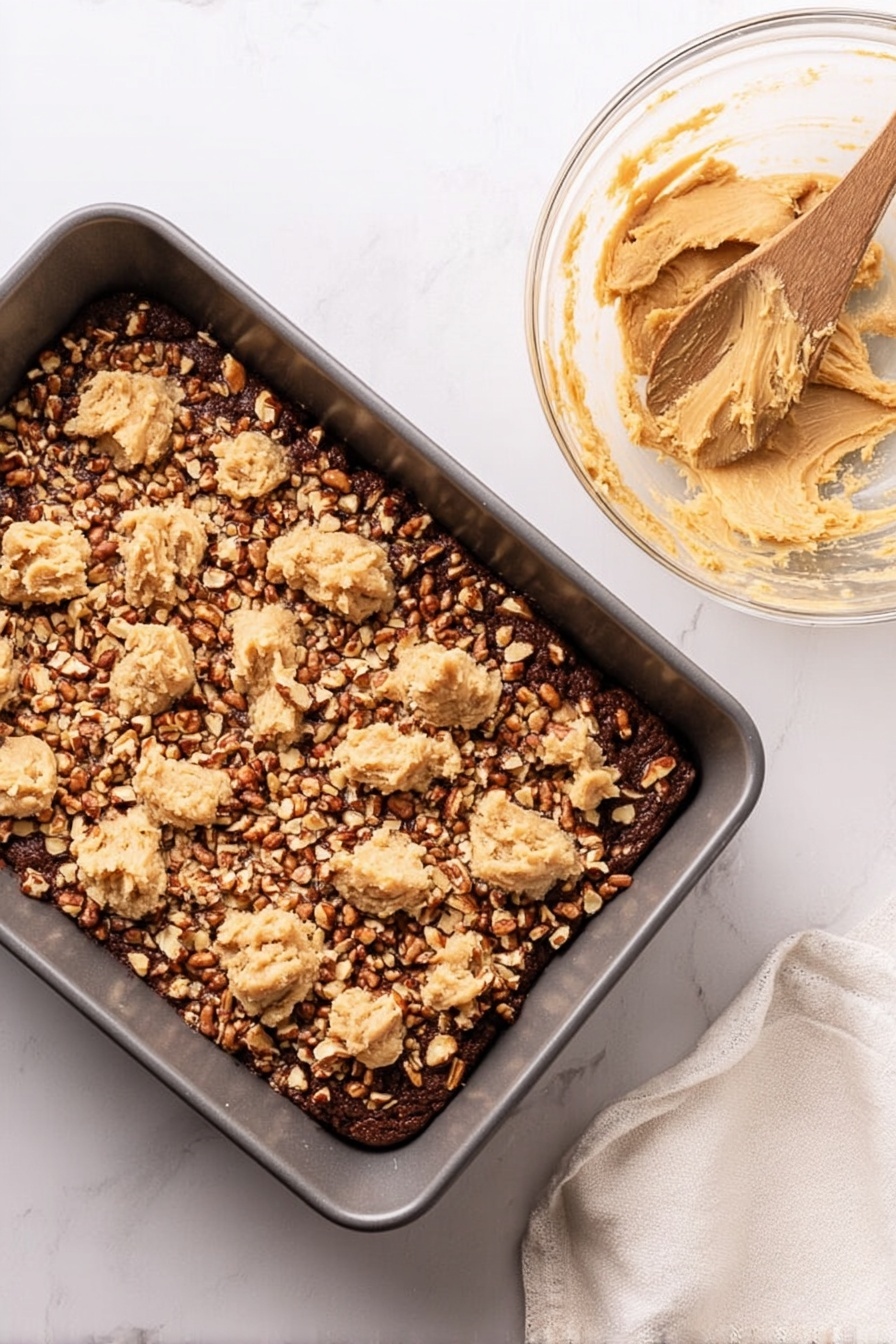 Chocolate Caramel Bar, Chocolate Caramel Bars recipe, caramel chocolate bar, no-bake caramel bars, easy chocolate caramel desserts - A dark gray rectangular pan holds a layered dessert with three visible layers: the bottom layer is dark brown, likely chocolate chips, topped with a layer of medium brown nuts scattered evenly, and the top layer is a light tan dough spread unevenly in dollops across the nuts. To the right of the pan, a clear round glass bowl contains some leftover light tan dough with a wooden spoon resting inside. The background is a white marbled surface with a white cloth partially visible in the top right corner. Photo taken with an iphone --ar 2:3 --v 7