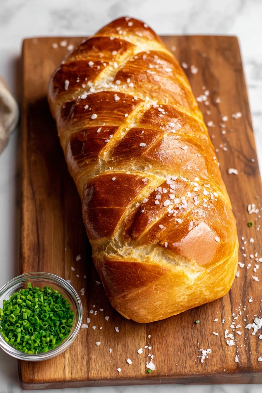 Beef Wellington, Beef Wellington how to make, Homemade Beef Wellington, Best Beef Wellington recipe, Elegant beef Wellington - A loaf of golden brown bread with a shiny crust sits in the center of a wooden board, showing five diagonal cuts on top that reveal a lighter dough inside. Coarse salt crystals are sprinkled over the bread and the board, adding texture and sparkle. Near the top left corner of the board, there is a small clear round bowl filled with chopped green chives, providing a fresh contrast in color. The wooden board rests on a white marbled surface, enhancing the warm and natural feel of the scene. photo taken with an iphone --ar 2:3 --v 7