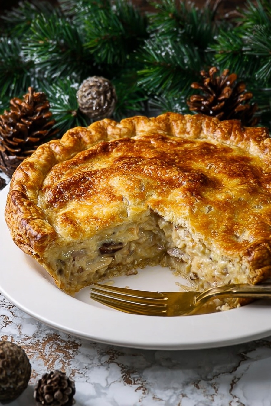 Cheddar Bacon Potato Pie, hearty potato pie, easy bacon and cheddar baked dish, savory potato and bacon casserole, homemade flaky pie crust - A golden brown pie with a shiny, flaky top crust that is slightly cracked and has a braided edge sits on a white plate. The top crust has a few small slits in the center for steam to escape. The pie looks thick and well-baked, surrounded by pine cones and frosted evergreen branches on a white marbled surface. The scene gives a cozy, festive feeling. photo taken with an iphone --ar 2:3 --v 7