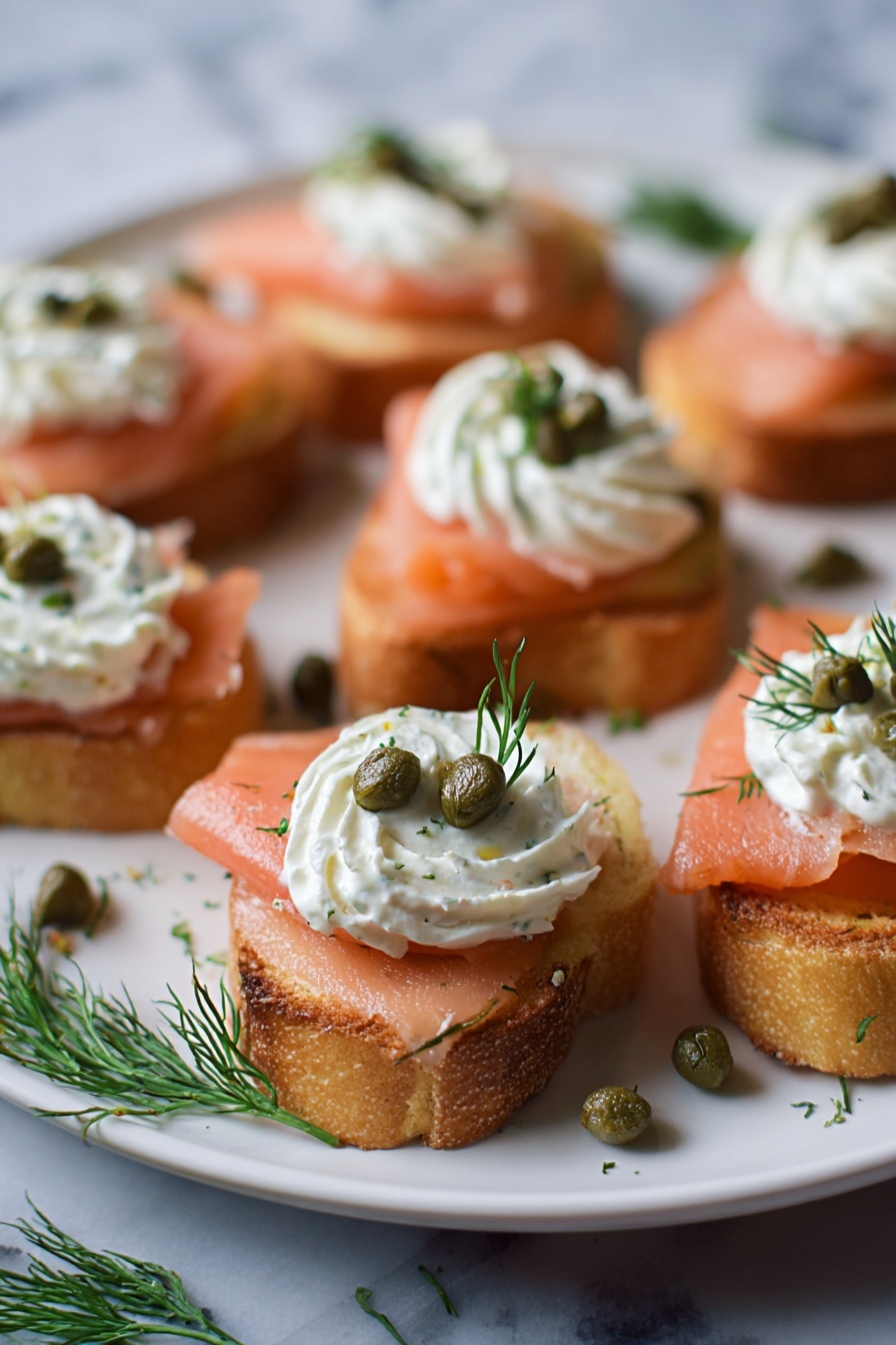 Smoked Salmon Crostini, smoked salmon appetizer, easy smoked salmon starters, elegant canapés, party appetizer ideas - The image shows small white toasted bread slices as the base layer, each topped with a smooth layer of pink salmon. On top of the salmon, there is a swirl of white cream cheese mixed with herbs, giving a soft and fluffy texture. Each swirl is decorated with a small green caper and a sprig of fresh green dill. The white plate holding the toasts sits on a white marbled surface, with more capers and dill scattered around for decoration. The photo taken with an iphone --ar 2:3 --v 7