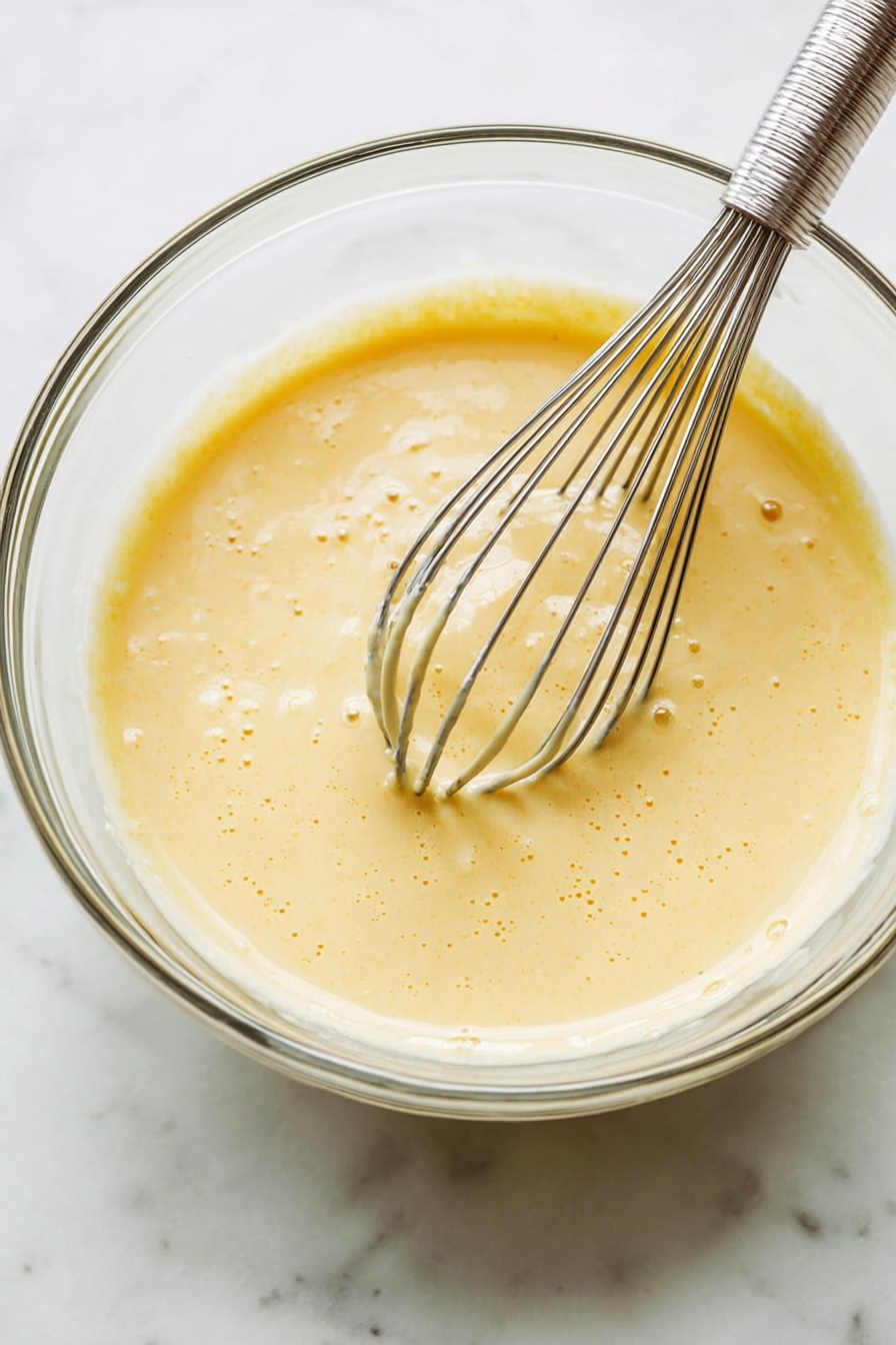 Authentic Italian Zabaglione, Italian zabaglione recipe, classic Italian dessert, velvety zabaglione, Italian dessert with egg yolks and wine - A clear glass bowl filled with light yellow, creamy batter that has small air bubbles on its surface, showing a smooth and slightly thick texture. Inside the bowl, a metal whisk with thin wires is partially dipped into the batter with some batter coating the wires. The bowl sits on a white marbled surface, creating a clean and bright background. Photo taken with an iphone --ar 2:3 --v 7