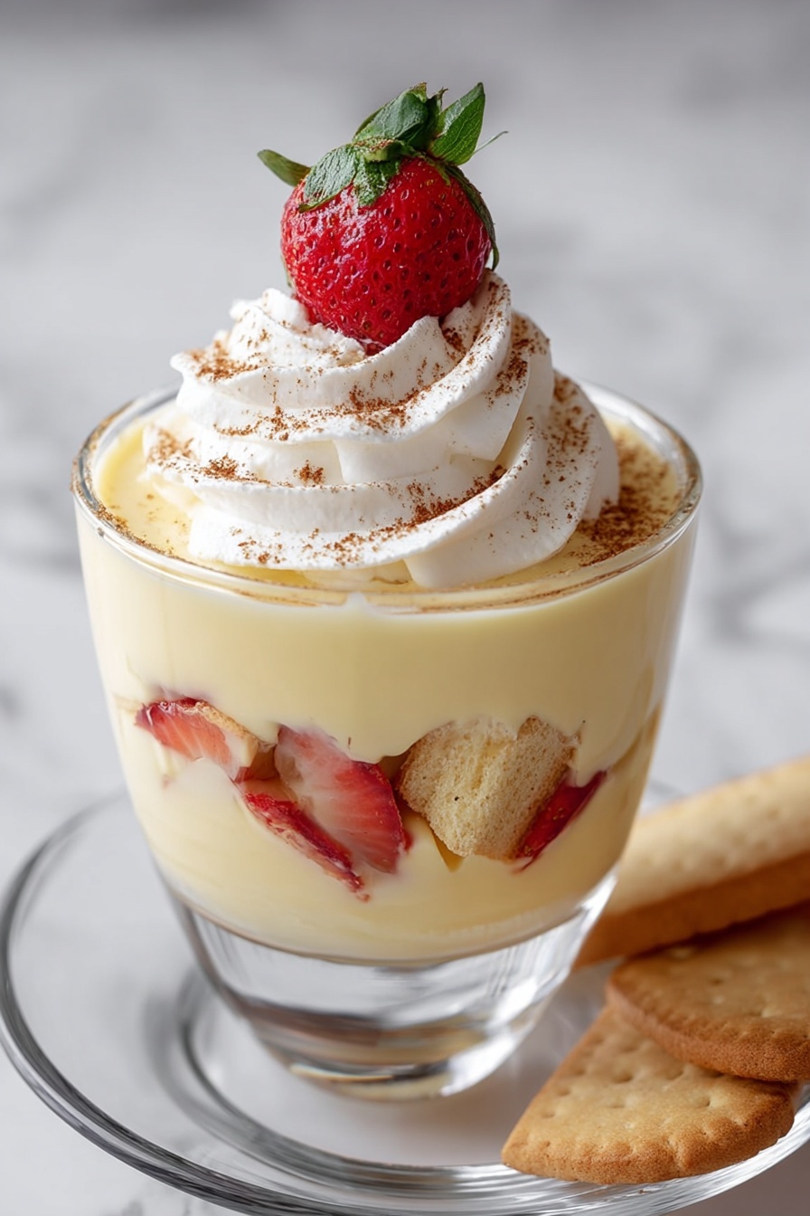 Authentic Italian Zabaglione, Italian zabaglione recipe, classic Italian dessert, velvety zabaglione, Italian dessert with egg yolks and wine - This dessert is shown in a clear glass cup with three visible layers. The bottom layer is light yellow creamy pudding with sliced strawberries pressed against the glass. The middle layer has sponge cake pieces soaked in the pudding, breaking the smooth texture. The top layer is a thick swirl of white whipped cream, sprinkled lightly with brown cinnamon powder, and topped with a half strawberry with green leaves. The glass cup sits on a clear white plate with a light brown biscuit beside it, all on a white marbled surface. Photo taken with an iphone --ar 2:3 --v 7