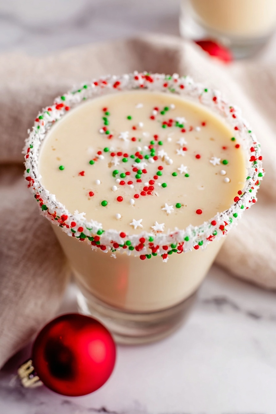 Sugar Cookie Martini, festive cookie martini, holiday cocktail recipes, creamy dessert drinks, easy holiday cocktails - The image shows a creamy light tan drink in a clear glass with a wide rim. The rim is decorated with white frosting and small red, green, and white round sprinkles all around it. Inside the drink, there are small round and star-shaped sprinkles in red, green, and white floating on the surface. The glass is placed on a white marbled surface with a soft beige cloth underneath. A round red ornament lies near the bottom of the glass, adding to the festive look. The photo taken with an iphone --ar 2:3 --v 7