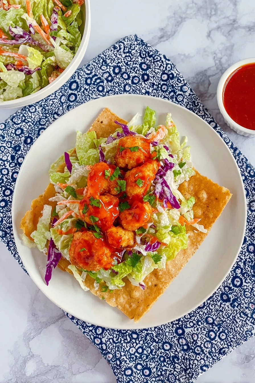 Crunch Chicken Salad on Crispy Egg Roll Base, Asian chicken salad recipe, crispy egg roll chicken salad, easy Asian salad with crispy shell, quick chicken salad appetizer - The image shows a white plate on a patterned blue and white cloth, placed on a white marbled surface. On the plate, there is a single crispy, golden brown square tortilla chip as the base layer. Above it is a layer of fresh salad made of chopped green and purple cabbage, lettuce, and thin carrot strips mixed with some dressing, giving it a creamy texture. On top of the salad lies a few pieces of golden fried chicken strips coated with a bright orange-red sauce and sprinkled with chopped green herbs. To the upper left of the plate, there is a white bowl filled with extra salad, and to the right, a small white bowl holds red dipping sauce. photo taken with an iphone --ar 2:3 --v 7