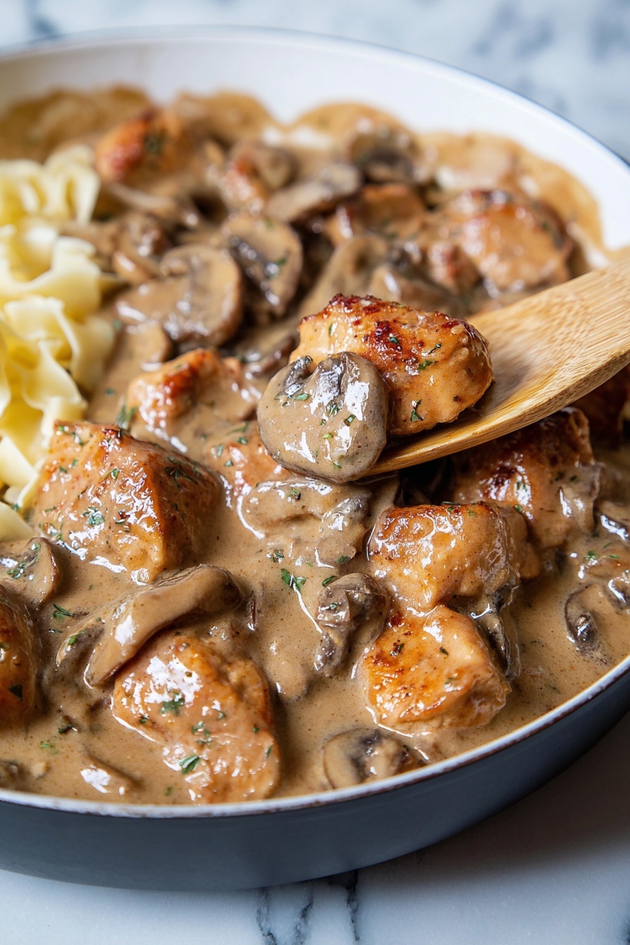 Easy Chicken Stroganoff, chicken stroganoff recipe, creamy chicken dinner, quick weeknight meals, comforting chicken dish - The image shows a close-up of a pan filled with a creamy mushroom and chicken dish. The dish has two main layers: chunks of golden-brown chicken pieces and sliced brown mushrooms, both coated in a thick, light brown cream sauce. The chicken pieces are irregular in shape with a slightly crispy texture, while the mushrooms are soft and mixed throughout. A wooden spoon is partially submerged in the center, lifting some chicken and mushrooms. The pan is black and the background is a white marbled texture. Photo taken with an iphone --ar 2:3 --v 7