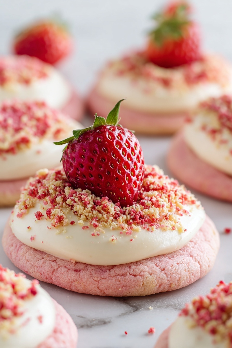Strawberry Crunch Cookies with Cream Cheese Frosting, strawberry cookies, strawberry dessert, no-bake strawberry treats, crunchy strawberry cookie recipe - A close-up view of pink round cookies with a soft, slightly cracked texture as the base layer. The second layer is a smooth white cream spread evenly on top of each cookie. The third layer is a sprinkling of crushed red and light tan crumbs over the cream, adding texture and color contrast. On the very top of each cookie sits a bright red strawberry with green leaves, standing out clearly against the white cream and pink cookie. The cookies are arranged on a white marbled surface, with some blurred cookies in the background creating depth. Photo taken with an iphone --ar 2:3 --v 7