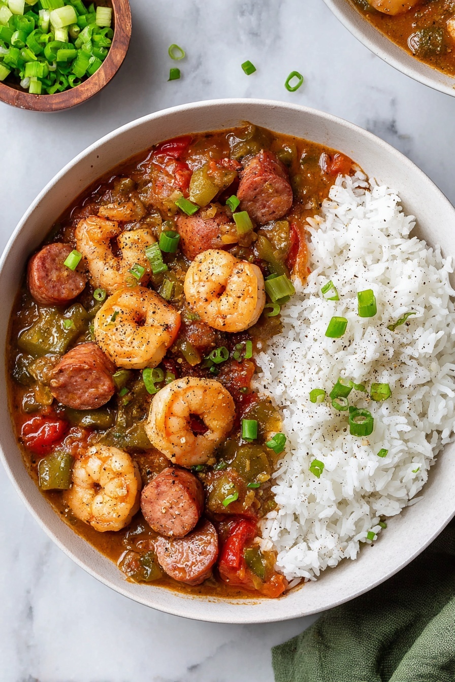Shrimp and Sausage Gumbo, Southern gumbo recipe, Cajun shrimp and sausage stew, easy gumbo recipe, hearty seafood sausage dish - A white bowl filled with a thick brown stew containing visible shrimp, sliced sausage, and chopped green vegetables like okra and green onions. The stew has a rich, slightly oily texture with black pepper sprinkled on top. A metal spoon rests inside the bowl, partially submerged in the stew. Next to the bowl is a small white bowl of chopped green onions and part of a white plate with white rice in the background, all set on a white marbled surface with a green textured cloth nearby. photo taken with an iphone --ar 2:3 --v 7