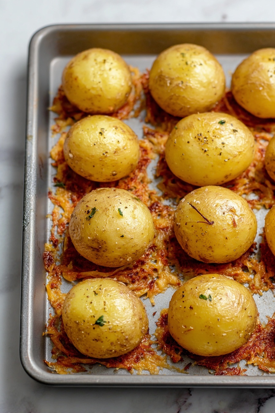Cheese Crusted Potatoes with Roasted Garlic Aioli, crispy cheese potato side dish, roasted garlic aioli recipe, cheesy potato appetizer, flavorful potato sides - This image shows half round golden-brown potatoes, nine of them, arranged in three rows on a metal baking tray. Each potato half sits on a crispy, slightly browned orange cheese layer that spreads thinly around the base, creating a textured ring on the tray. The potatoes have a smooth and slightly shiny skin with some herbs and black pepper sprinkled on them. The tray rests on a white marbled surface. The photo is taken with an iphone --ar 2:3 --v 7