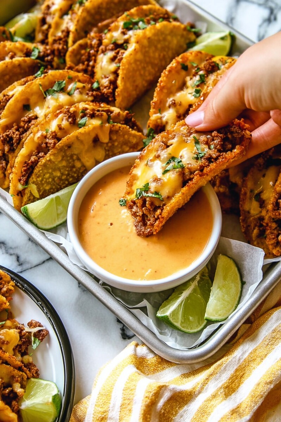 Crispy Baked Beef Tacos with Chipotle Crema, baked beef tacos, crispy beef tacos, chipotle crema recipe, easy taco night ideas - The image shows small tacos filled with cooked ground meat and melted cheese, garnished with small green herbs on top. The tacos have a golden-brown crispy shell and are arranged close together on a metal tray lined with white paper. In the center of the tray is a small white bowl filled with a smooth, creamy orange dipping sauce. A woman's hand is holding one taco, dipping it into the sauce. In the bottom corner, part of a white plate with a black rim is visible, holding more tacos and lime wedges. A yellow and white striped cloth is placed near the tray on a white marbled surface photo taken with an iphone --ar 2:3 --v 7