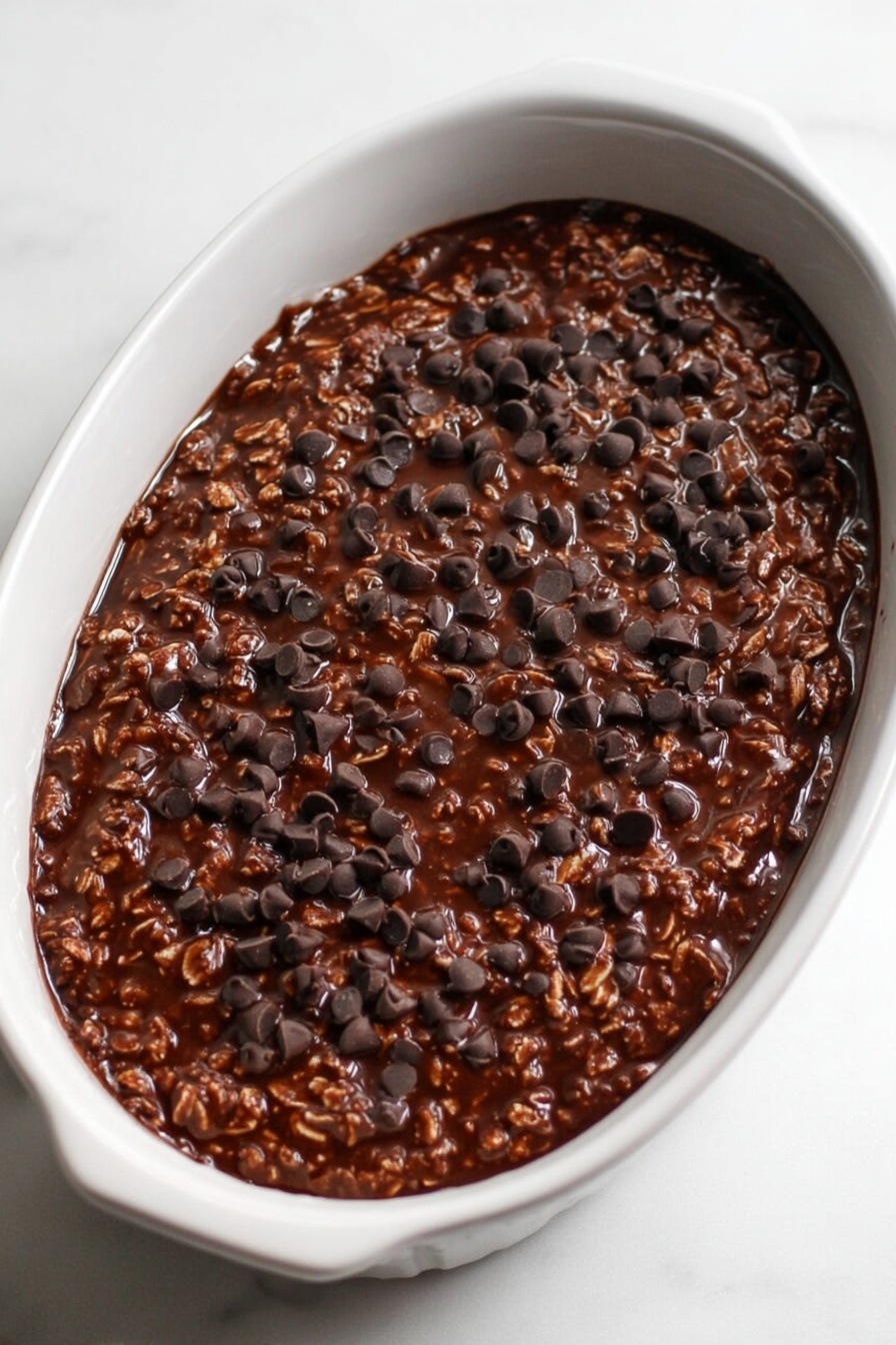 Healthy Banana Chocolate Oat Bake, healthy breakfast recipes, nutritious baked oats, chocolate banana breakfast, quick healthy breakfast - The image shows an oval-shaped white dish filled with a thick, dark brown chocolate oat mixture. The texture is chunky with visible oats mixed in a glossy chocolate sauce. Scattered on top are small, dark chocolate chips that add a slightly raised detail. The dish sits on a white marbled surface, highlighting the rich color of the mixture inside. photo taken with an iphone --ar 2:3 --v 7