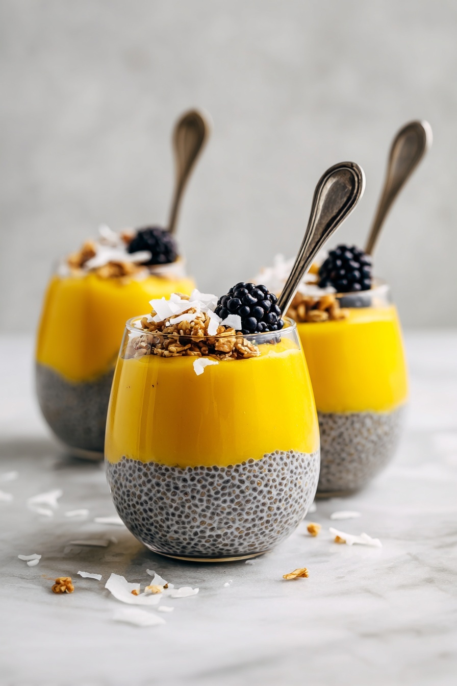 Mango Chia Pudding, healthy mango chia pudding, tropical breakfast ideas, easy chia pudding recipe, dairy-free mango pudding - Three clear glasses filled with two layers are shown on a surface with white marbled texture. The bottom layer is thick with small black chia seeds visible in a light gray creamy mixture, making a speckled pattern. On top is a smooth bright yellow layer, covering the chia seed layer evenly. Each glass is garnished with a small heap of toasted brown granola, white coconut flakes, and a dark black blackberry placed on top. Each glass has a silver spoon standing inside from the back. There is a white cloth on the surface near the front left glass. Photo taken with an iphone --ar 2:3 --v 7