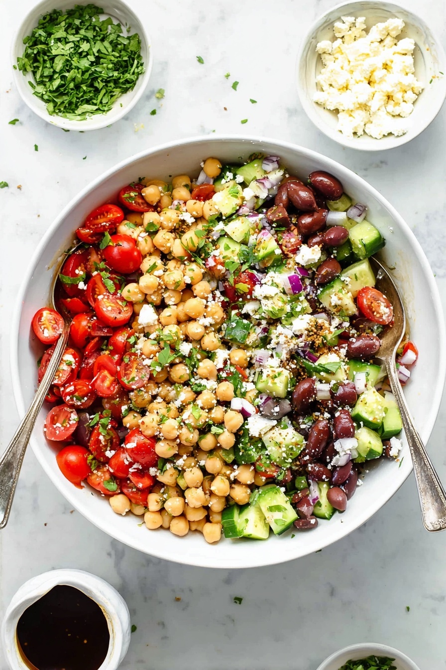Quick Mediterranean Chickpea Salad, Mediterranean Chickpea Salad, Healthy Chickpea Salad, Easy Mediterranean Salad, Fast Veggie Salad - A large white bowl filled with a colorful chickpea salad, showing three main layers: the bottom layer is beige chickpeas, the middle layer includes bright red cherry tomatoes cut in half, dark purple olives, and small cubes of green cucumber, and the top layer has sprinkled white crumbled cheese and chopped green herbs. Two silver spoons rest inside the bowl, partially submerged in the salad. Around the bowl are three small white bowls, one filled with chopped green herbs and another with white crumbled cheese, sitting on a white marbled surface. A small white container with dark brown dressing is also on the surface near the salad. photo taken with an iphone --ar 2:3 --v 7