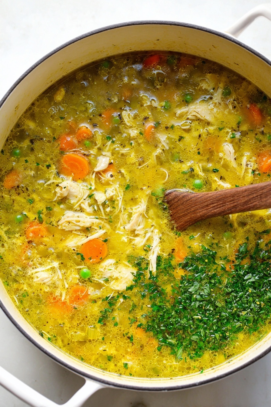 Turmeric Chicken Soup with Coconut Milk, turmeric chicken soup, healthy coconut milk soup, comforting chicken and turmeric broth, easy turmeric soup recipe - A close-up view of a white pot filled with a yellowish-green chicken soup with visible small pieces of shredded chicken, orange carrot slices, green peas, and diced onion. The soup has a slightly oily surface with chopped green herbs sprinkled on top, especially concentrated along one side. A wooden spoon is partially submerged on the right side, stirring the soup. The pot sits on a white marbled surface visible in the background photo taken with an iphone --ar 2:3 --v 7