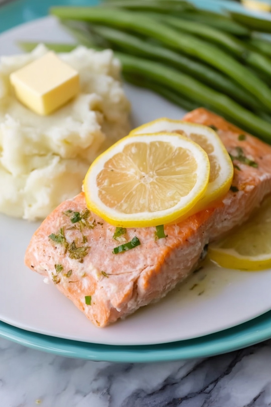Baked Lemon Garlic Salmon, Lemon Garlic Salmon, Easy Salmon Dinner, Healthy Salmon Recipes, Quick Salmon Main Course - The image shows a close-up of two salmon fillets cooked with a light seasoning of herbs and small bits of garlic. Each fillet has a thin round lemon slice placed on top, adding a light yellow color contrast. The salmon is a soft pink with visible flaky texture, and the herbs add green specks all over. One fillet is being gently pulled apart with a silver fork, showing the tender inside of the fish. The background is a white marbled texture, adding a clean and bright look to the image. Photo taken with an iphone --ar 2:3 --v 7
