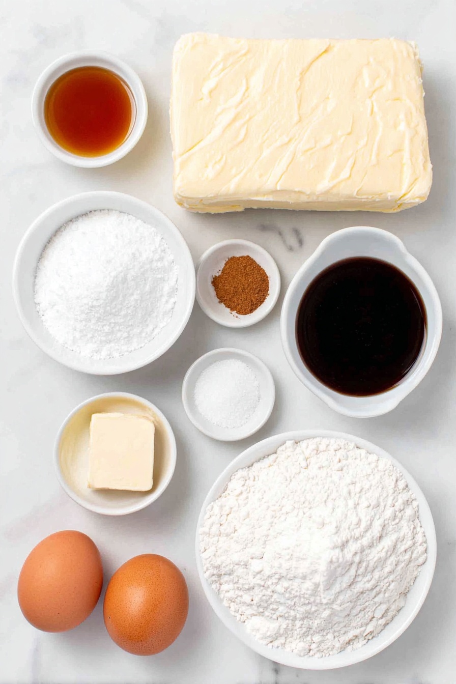 Gingerbread Cheesecake Cookies, holiday gingerbread cookies, spicy gingerbread cookies, cheesecake cookie recipes, festive holiday treats - Flat lay of cold cream cheese block, a small white ceramic bowl of granulated white sugar, a small white ceramic bowl of vanilla extract, a small white ceramic bowl of granulated white sugar mixed with ground ginger, ground cinnamon, ground allspice, ground nutmeg, and ground cloves, a mound of spooned and leveled all-purpose flour, small piles of ground ginger, ground cinnamon, ground nutmeg, ground allspice, ground cloves, a pinch of salt, a small pile of baking soda, a stick of softened unsalted butter, a small mound of packed light brown sugar, two whole uncracked brown eggs, a small white ceramic bowl of dark unsulphured molasses placed on a clean white marble surface, soft natural light, photo taken with an iPhone, professional food photography style, fresh ingredients, white ceramic bowls, no bottles, no duplicates, no utensils, no packaging --ar 2:3 --v 7 --p m7354615311229779997