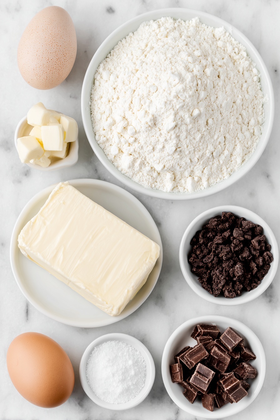 Peppermint Oreo Cookies, Peppermint Oreo Cookies Recipe, holiday Christmas cookies, peppermint desserts, Oreo peppermint treats - Flat lay of a small pile of white cake mix powder on a simple white ceramic plate, a few tablespoons of soft unsalted butter slightly melting on a white ceramic dish, one large whole egg with a clean shell, a small white ceramic bowl with clear peppermint extract, another small white ceramic bowl containing pale vanilla extract, a smooth block of softened cream cheese resting on a white ceramic plate, a small white ceramic bowl filled with dark Oreo cookie chunks, a small white ceramic bowl holding shiny Andes Peppermint Crunch pieces, a small white ceramic bowl with smooth, glossy dark chocolate chips, all arranged symmetrically with balanced spacing, placed on a clean white marble surface, soft natural light, photo taken with an iPhone, professional food photography style, fresh ingredients, white ceramic bowls, no bottles, no duplicates, no utensils, no packaging --ar 2:3 --v 7 --p m7354615311229779997