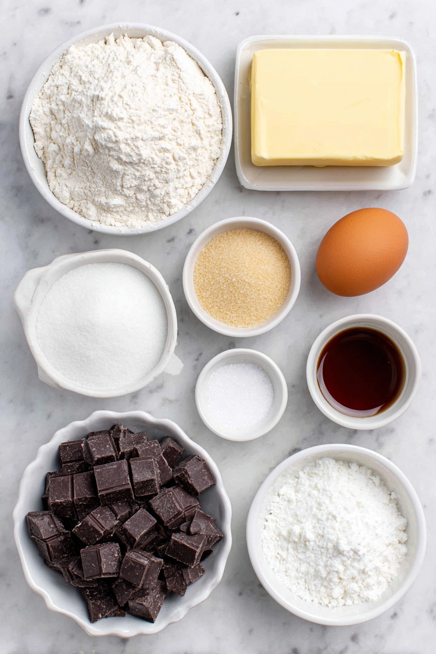 Chewy Chocolate Chip Cookies, best chocolate chip cookies, soft chewy cookie recipe, homemade chocolate chip cookies, easy chocolate chip cookies - Flat lay of a small mound of all-purpose flour, a small white bowl of baking soda powder, a small white bowl of coarse salt, a slab of pale yellow butter, a small white bowl filled with packed light brown sugar, a small white bowl of white granulated sugar, a small white bowl of glossy vanilla extract, a small white bowl of apple cider vinegar, one whole uncracked brown egg, a white ceramic dish holding a mix of semisweet chocolate chips and chunks, a small white bowl of coarse sea salt, all arranged in perfect symmetry on a clean white marble surface, soft natural light, photo taken with an iPhone, professional food photography style, fresh ingredients, white ceramic bowls, no bottles, no duplicates, no utensils, no packaging --ar 2:3 --v 7 --p m7354615311229779997