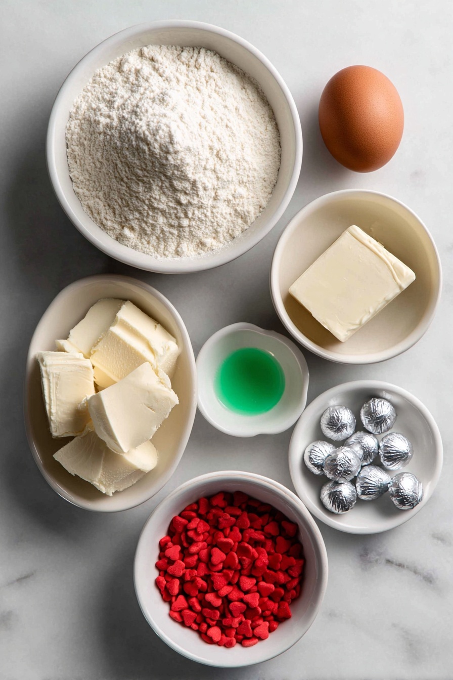 Grinch Cookies with Hershey’s Kisses, festive holiday cookies, green sugar cookies, easy Christmas cookie recipe, cute holiday treats - Flat lay of a small mound of pale off-white sugar cookie mix, a small white ceramic bowl filled with fine all-purpose flour, a whole large brown egg, a small white ceramic bowl holding soft unsalted butter at room temperature, a tiny dollop of vivid green gel food coloring on a white ceramic dish, a neat pile of shiny silver Hershey’s Kisses, and a small white ceramic bowl containing bright red heart-shaped candy sprinkles, all arranged in perfect symmetry on a clean white marble surface, soft natural light, photo taken with an iPhone, professional food photography style, fresh ingredients, white ceramic bowls, no bottles, no duplicates, no utensils, no packaging --ar 2:3 --v 7 --p m7354615311229779997