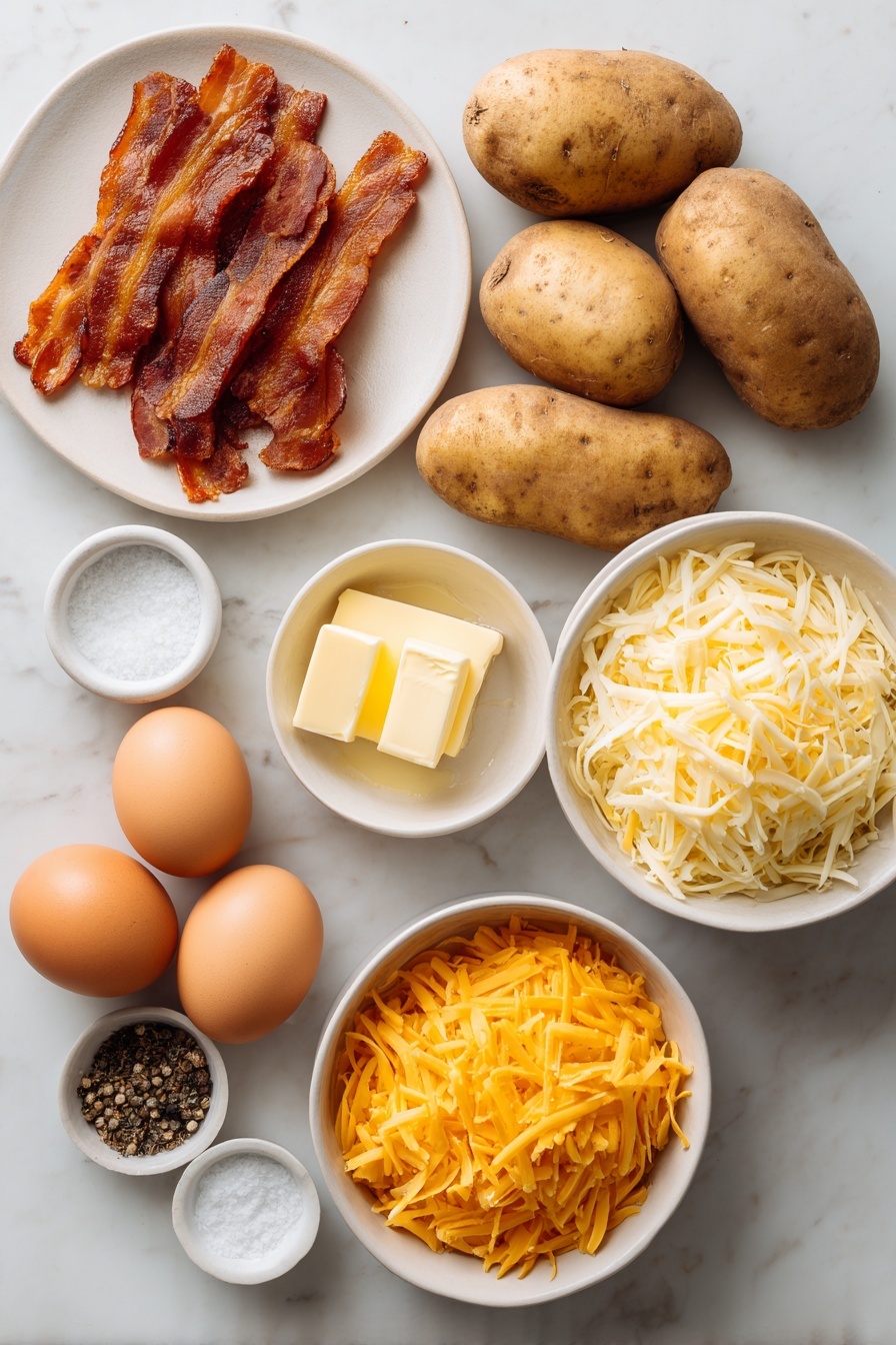 Twice Baked Potatoes with Bacon and Cheese, baked potato recipes, cheesy bacon potatoes, crispy bacon stuffed potatoes, comfort food side dish - Flat lay of six whole unpeeled russet baking potatoes, six slices of crisp cooked bacon arranged flat, a small white ceramic bowl filled with softened golden butter, a small white ceramic bowl holding freshly shredded pale yellow Parmesan cheese, a larger white ceramic bowl brimming with bright orange sharp cheddar cheese shreds, whole uncracked brown eggs for natural color contrast, and a small white ceramic bowl with coarse sea salt and another with cracked black peppercorns, all ingredients evenly spaced and symmetrically placed on a clean white marble surface, soft natural light, photo taken with an iPhone, professional food photography style, fresh ingredients, white ceramic bowls, no bottles, no duplicates, no utensils, no packaging --ar 2:3 --v 7 --p m7354615311229779997