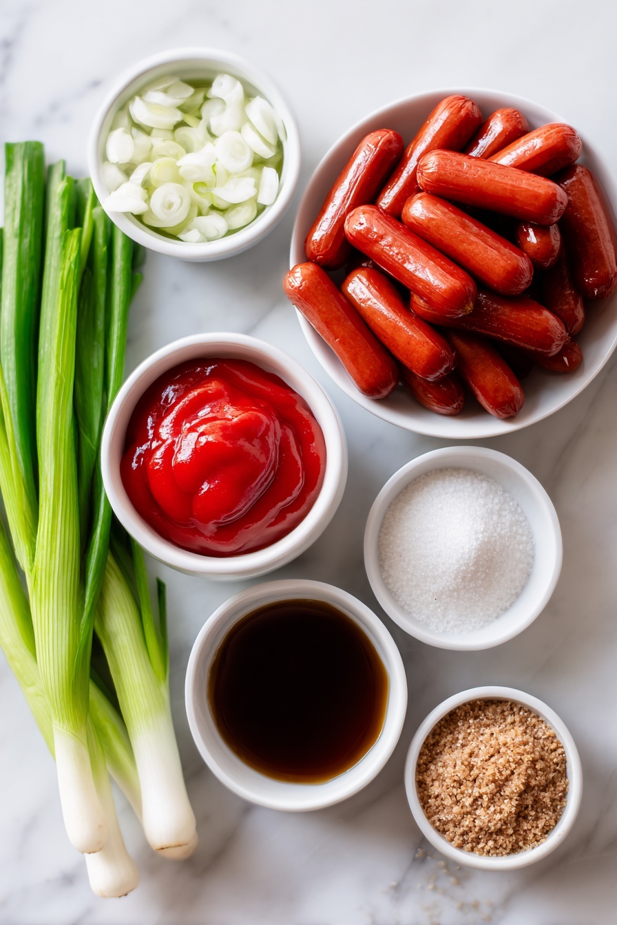 Crockpot BBQ Little Smokies, easy appetizer recipes, slow cooker party snacks, game day finger foods, crowd-pleasing smoky appetizers - Flat lay of two packages of small, plump Little Smokies sausage links neatly arranged, a small white bowl filled with bright red tomato ketchup, a small white bowl holding thick dark brown liquid smoke, a small white bowl with coarse brown sugar crystals, a small white bowl containing finely minced white onion, and a handful of fresh green onions with vibrant green tops and white bases, all placed on a clean white marble surface, soft natural light, photo taken with an iPhone, professional food photography style, fresh ingredients, white ceramic bowls, no bottles, no duplicates, no utensils, no packaging --ar 2:3 --v 7 --p m7354615311229779997