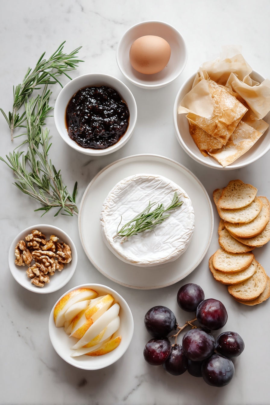 Baked Brie with Jam and Puff Pastry, baked brie appetizer, cheese and puff pastry recipes, elegant party appetizers, easy baked cheese dish - Flat lay of a whole wheel of fresh brie cheese, a square sheet of thawed puff pastry, a small white bowl filled with glossy fig jam, a small white bowl with chopped walnuts, a whole uncracked brown egg, a few sprigs of fresh rosemary, and an assortment of fresh fruit slices and round crostini arranged neatly, all placed on simple white ceramic bowls or plates, perfectly balanced and symmetrical, placed on a clean white marble surface, soft natural light, photo taken with an iPhone, professional food photography style, fresh ingredients, white ceramic bowls, no bottles, no duplicates, no utensils, no packaging --ar 2:3 --v 7 --p m7354615311229779997