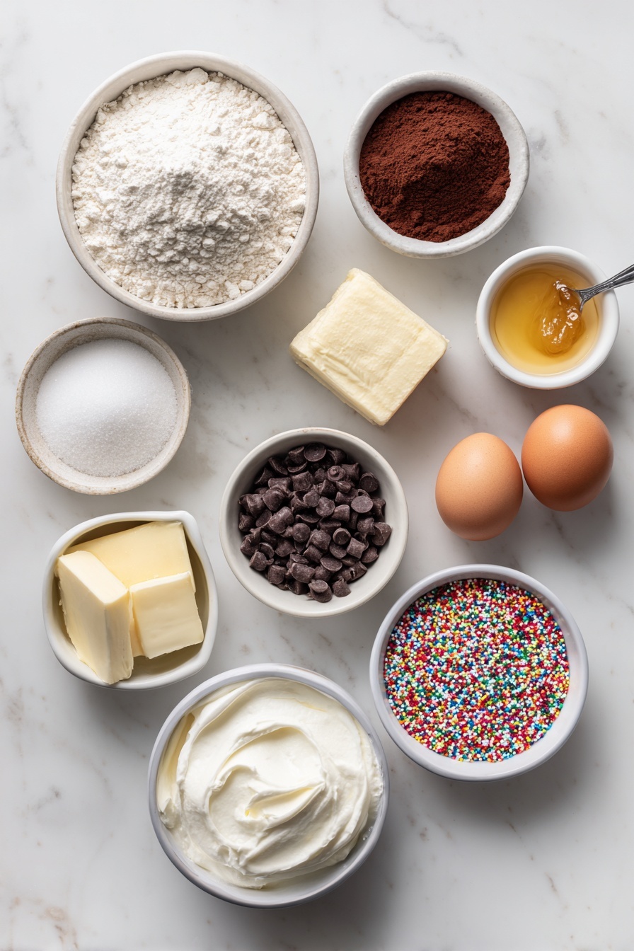 Chocolate Thumbprint Cookies with Ganache, chocolate thumbprint cookies, easy chocolate cookies, decadent cookie recipes, homemade ganache cookies - Flat lay of a small mound of all-purpose flour, a small heap of Dutch-process cocoa powder, a pinch of fine salt, a small pile of baking powder, a chunk of unsalted butter softened to room temperature, a small heap of packed light brown sugar, a small pile of granulated white sugar, two whole uncracked brown eggs with clean shells, a small white ceramic bowl of vanilla bean paste, a small white ceramic bowl filled with semi-sweet chocolate chips, a small white ceramic bowl containing heavy whipping cream, and a small mound of colorful nonpareil sprinkles arranged symmetrically on a clean white ceramic plate, placed on a clean white marble surface, soft natural light, photo taken with an iPhone, professional food photography style, fresh ingredients, white ceramic bowls, no bottles, no duplicates, no utensils, no packaging --ar 2:3 --v 7 --p m7354615311229779997
