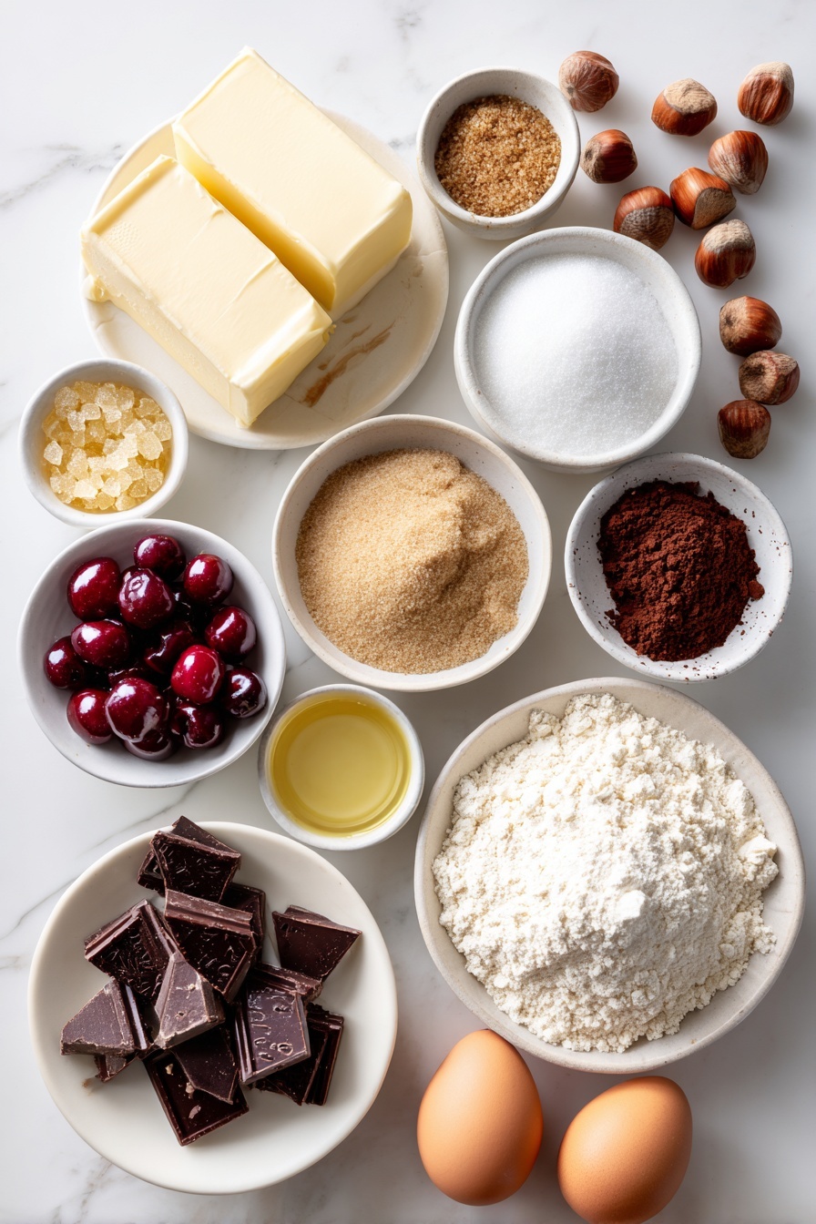Slice and Bake Cookies with Flavored Doughs, flavored cookie doughs, easy slice and bake cookies, holiday cookie ideas, creative cookie recipes - Flat lay of a small block of unsalted butter with a creamy pale yellow color, a small white ceramic bowl filled with light brown soft packed sugar, a small white ceramic bowl with white granulated sugar, a small white ceramic bowl containing golden sparkling sugar crystals, a small white ceramic bowl with raw sugar crystals, a small white ceramic bowl holding dark unsweetened cocoa powder, a mound of all-purpose flour gently piled on a white ceramic plate, a small pile of rough chopped dark chocolate chunks, a cluster of glossy dried red cherries, fresh whole hazelnuts with smooth brown shells, a few crushed red and white candy cane pieces, a small white ceramic bowl with deep brown cinnamon powder, another small white ceramic bowl with cardamom seeds, a small pile of ground ginger powder on a white plate, a tiny heap of allspice powder, a few whole brown eggs with clean uncracked shells, a small white ceramic bowl containing pale golden oil, and a small white ceramic bowl filled with vanilla bean paste – all ingredients arranged with perfect symmetry and balanced proportions, placed on a clean white marble surface, soft natural light, photo taken with an iPhone, professional food photography style, fresh ingredients, white ceramic bowls, no bottles, no duplicates, no utensils, no packaging --ar 2:3 --v 7 --p m7354615311229779997