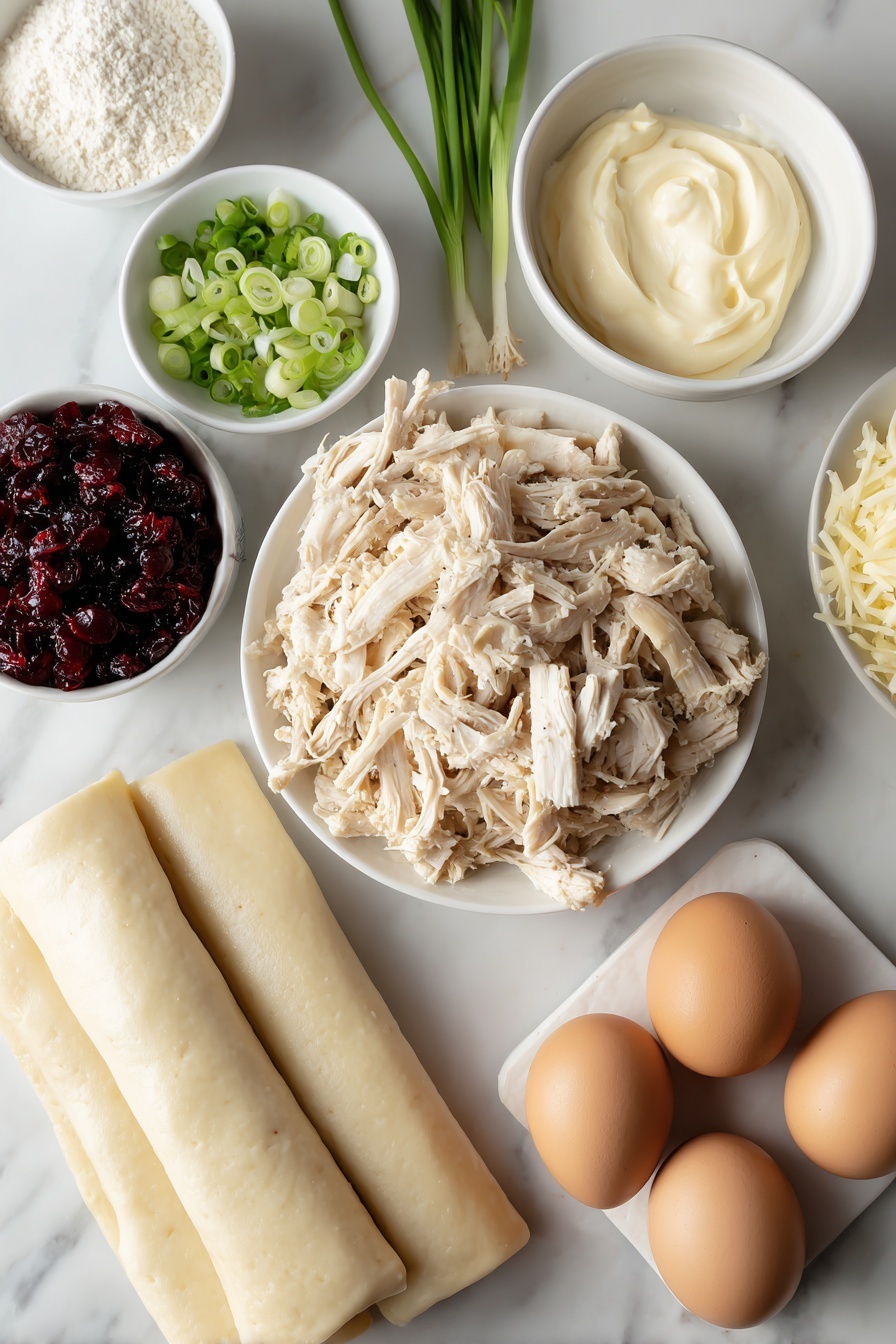 Cranberry Chicken Puffs, cranberry chicken appetizer, flaky chicken puffs, quick savory snacks, crowd-pleasing appetizer - Flat lay of shredded cooked chicken piled naturally, a small bunch of thinly sliced green onions, a small white ceramic bowl filled with dried cranberries, a small white bowl with freshly grated mozzarella cheese, a small white bowl containing creamy mayonnaise, whole uncracked brown eggs arranged neatly, and a simple white ceramic plate holding smooth, pale crescent roll dough rectangles, all placed on a clean white marble surface, soft natural light, photo taken with an iPhone, professional food photography style, fresh ingredients, white ceramic bowls, no bottles, no duplicates, no utensils, no packaging --ar 2:3 --v 7 --p m7354615311229779997