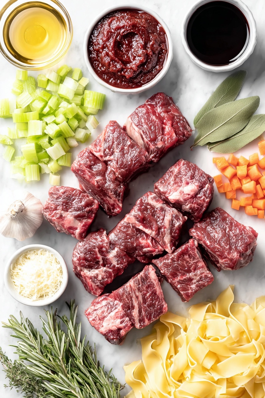 Short Rib Ragu, short rib ragu recipe, hearty beef ragu, slow-cooker ragu, Italian beef stew - Flat lay of fresh, raw beef short ribs cut into thick cubes, a few bright orange carrots diced finely, crisp pale green celery diced finely, a small pile of finely diced white onion, four plump garlic cloves whole and unpeeled, a small white ceramic bowl filled with deep red tomato paste, a small white bowl of dark red wine, a small white bowl of rich beef broth, fresh crushed bright red tomatoes in a small white bowl, a fresh herb bundle of rosemary, thyme, and parsley stems tied together, two smooth bay leaves placed neatly, a small white bowl with clear amber sherry vinegar, a nest of fresh uncooked pappardelle pasta with wide flat ribbons, a handful of fresh curly parsley leaves, a small pile of freshly grated pale yellow Parmigiano Reggiano cheese, all arranged symmetrically on a clean white marble surface, soft natural light, photo taken with an iPhone, professional food photography style, fresh ingredients, white ceramic bowls, no bottles, no duplicates, no utensils, no packaging --ar 2:3 --v 7 --p m7354615311229779997