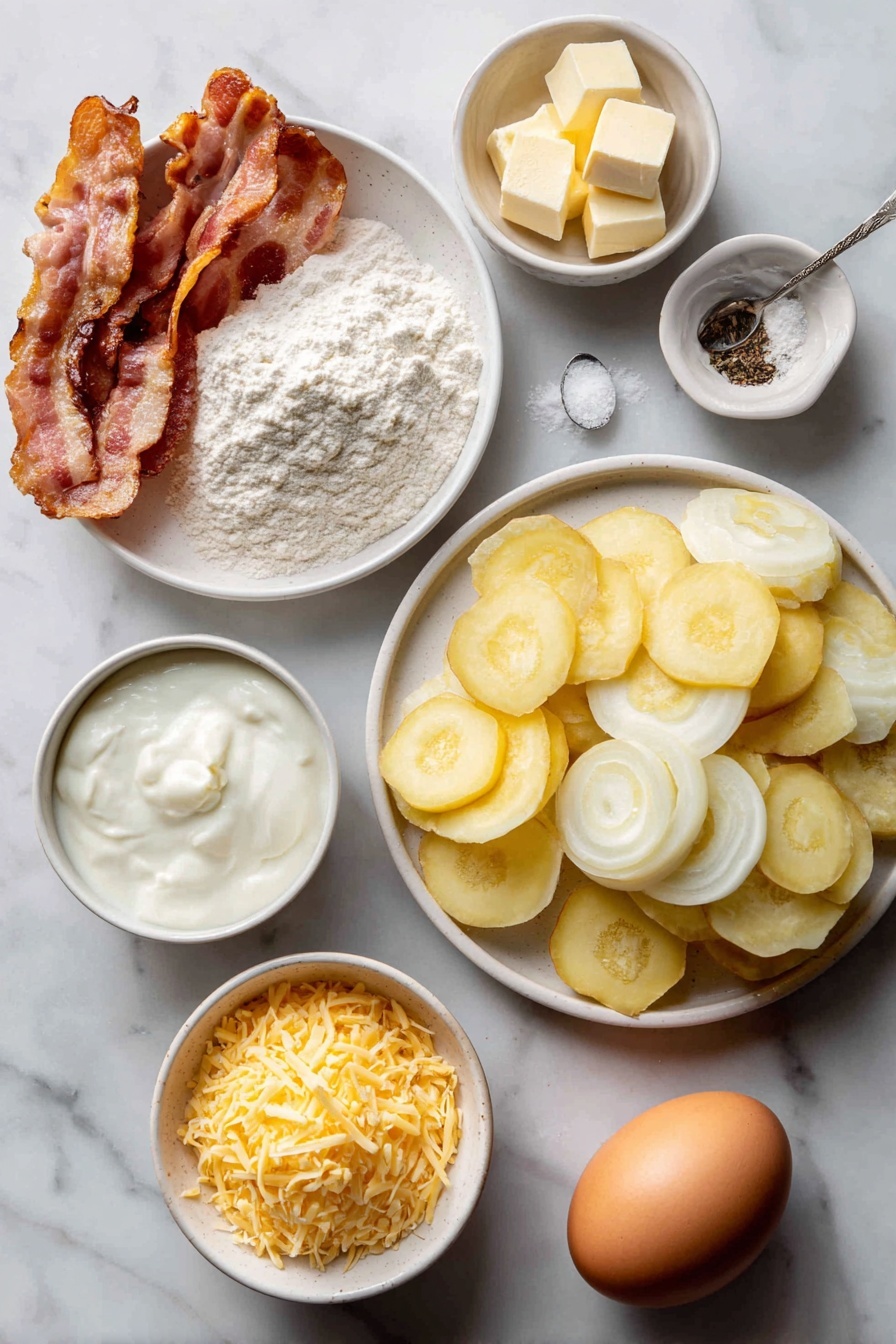 Cheddar Bacon Potato Pie, hearty potato pie, easy bacon and cheddar baked dish, savory potato and bacon casserole, homemade flaky pie crust - Flat lay of a small mound of pale all-purpose flour, a teaspoon of coarse kosher salt, several small cubes of cold butter with a pale yellow color, a few thin slices of crispy cooked bacon with pinkish-brown edges, a diced large white onion, a pile of thinly sliced yellow Yukon Gold potatoes, a small white bowl filled with thick heavy cream, a pinch of black pepper next to a teaspoon of kosher salt in separate small white bowls, a small heap of shredded sharp cheddar cheese, and a single whole brown egg with a smooth clean shell, all arranged symmetrically on a clean white ceramic plate and small white ceramic bowls placed on a clean white marble surface, soft natural light, photo taken with an iPhone, professional food photography style, fresh ingredients, white ceramic bowls, no bottles, no duplicates, no utensils, no packaging --ar 2:3 --v 7 --p m7354615311229779997