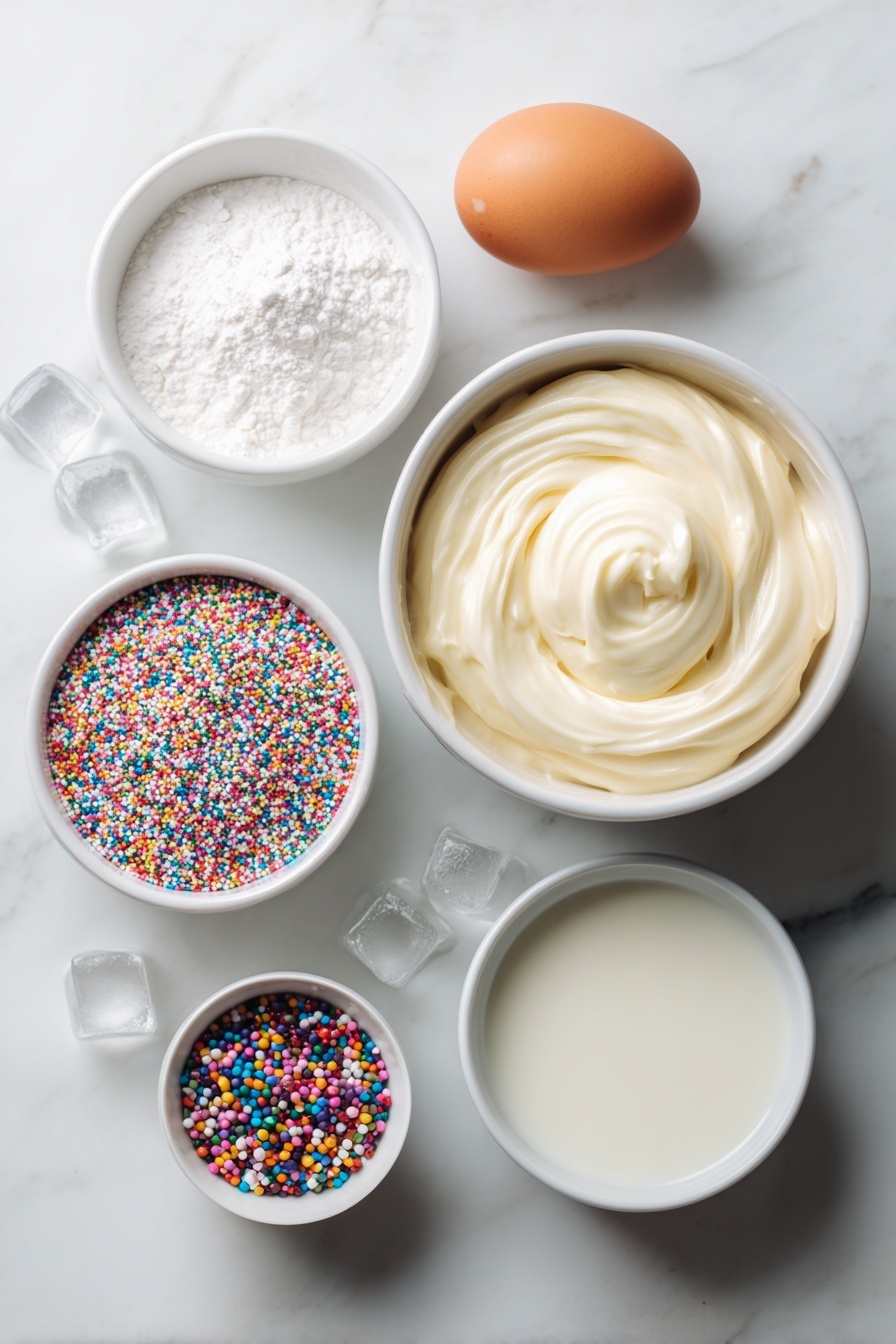 Sugar Cookie Martini, festive cookie martini, holiday cocktail recipes, creamy dessert drinks, easy holiday cocktails - Flat lay of a small bowl of creamy vanilla frosting, a small bowl of colorful round sprinkles, a small white bowl with whole milk, a small white bowl with Irish cream liqueur, a small white bowl with golden amaretto, a small white bowl with white powdered sugar, a few clear ice cubes, and a whole vanilla bean pod, all arranged symmetrically on a clean white marble surface, soft natural light, photo taken with an iPhone, professional food photography style, fresh ingredients, white ceramic bowls, no bottles, no duplicates, no utensils, no packaging --ar 2:3 --v 7 --p m7354615311229779997