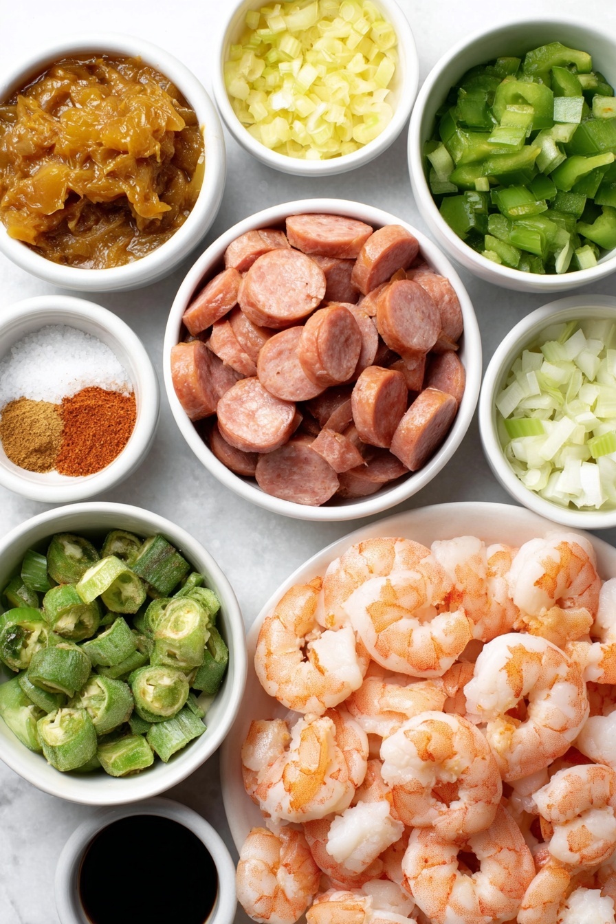 Shrimp and Sausage Gumbo, Southern gumbo recipe, Cajun shrimp and sausage stew, easy gumbo recipe, hearty seafood sausage dish - Flat lay of a small white ceramic bowl of golden-brown roux, a small white bowl of avocado oil, a small white bowl of all purpose flour, diced yellow onion in a simple white ceramic bowl, diced green bell pepper in a white bowl, chopped celery stalks in a white bowl, four whole uncracked garlic cloves, sliced andouille sausage pieces arranged on a white ceramic plate, a small white bowl of Cajun seasoning powder, a small white bowl of salt, a small white bowl of cayenne powder, a simple white bowl filled with rich reddish fire-roasted diced tomatoes, two fresh bay leaves, a small white bowl of coconut aminos, one pound of raw, peeled and deveined large shrimp neatly arranged on a white ceramic plate, a small white bowl of frozen okra, and finely sliced green onions in a white bowl, all ingredients fresh and natural, perfectly balanced and symmetrical, placed on a clean white marble surface, soft natural light, photo taken with an iPhone, professional food photography style, fresh ingredients, white ceramic bowls, no bottles, no duplicates, no utensils, no packaging --ar 2:3 --v 7 --p m7354615311229779997