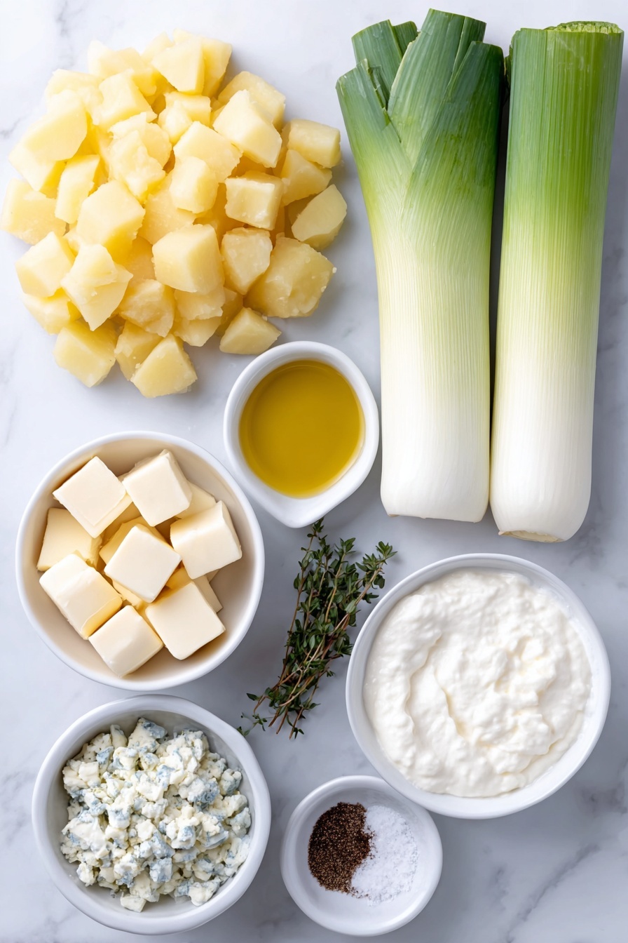 Creamy Potato Leek Soup, potato leek soup, easy creamy soup recipes, cozy vegetable soups, comforting leek soup - Flat lay of a small mound of peeled and chopped Yukon gold potatoes in ½ inch cubes, two medium leeks halved and sliced showing clean white and light green parts, a few fresh thyme sprigs with delicate green leaves, a small white bowl of golden olive oil, a small white bowl of unsalted butter chunks, a small white bowl filled with thick heavy cream, a small white bowl containing coarse kosher salt crystals, a small white bowl with ground black pepper, and a small white bowl of clear vegetable stock, all arranged with perfect symmetry on a clean white marble surface, soft natural light, photo taken with an iPhone, professional food photography style, fresh ingredients, white ceramic bowls, no bottles, no duplicates, no utensils, no packaging --ar 2:3 --v 7 --p m7354615311229779997