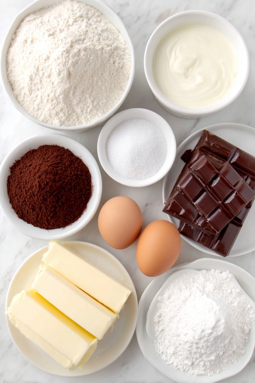 Texas Sheet Cake Dessert, easy chocolate sheet cake, moist chocolate cake, Southern chocolate cake recipe, fudgy frosting cake - Flat lay of a small mound of all-purpose flour, a small heap of granulated sugar, a teaspoon of baking soda granules, a pinch of salt crystals, a small white bowl of buttermilk, two large whole brown eggs with clean shells, a small white bowl of vanilla extract, two sticks of unsalted butter stacked side by side, four tablespoons of rich dark cocoa powder neatly spread, a small white bowl of water, a small white bowl of confectioners sugar, all arranged with perfect symmetry in simple white ceramic bowls and plates, placed on a clean white marble surface, soft natural light, photo taken with an iPhone, professional food photography style, fresh ingredients, white ceramic bowls, no bottles, no duplicates, no utensils, no packaging --ar 2:3 --v 7 --p m7354615311229779997