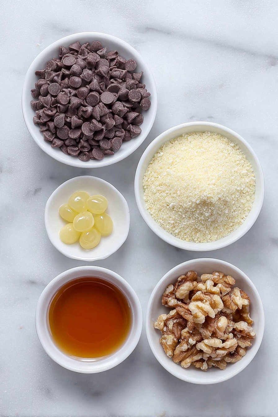 Easy Bourbon Ball, Bourbon Ball, No-Bake Bourbon Treat, Quick Holiday Dessert, Alcohol-infused Candy - Flat lay of a small pile of semisweet chocolate chips, a few golden honey drops in a small white ceramic bowl, finely ground vanilla wafer crumbs in a neat mound, finely ground walnuts in a small white ceramic bowl alongside a separate small white ceramic bowl with more ground walnuts for rolling, and a small white ceramic bowl with amber bourbon whiskey, all ingredients fresh and natural, perfectly arranged with balanced spacing and symmetry, placed on a clean white marble surface, soft natural light, photo taken with an iPhone, professional food photography style, fresh ingredients, white ceramic bowls, no bottles, no duplicates, no utensils, no packaging --ar 2:3 --v 7 --p m7354615311229779997