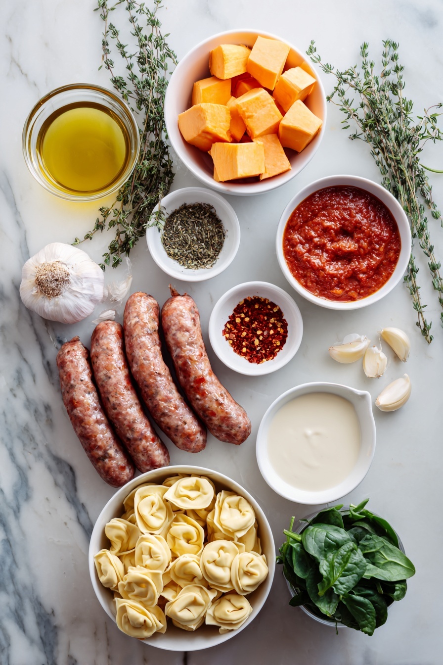 Creamy Sausage Tortellini Soup, sausage tortellini soup, cheesy sausage soup, hearty creamy soup, quick sausage tortellini recipe - Flat lay of fresh spicy Italian sausage links, a small white bowl of golden olive oil, a small white bowl with mixed Italian seasoning herbs, a vibrant orange peeled and cubed large sweet potato, five peeled garlic cloves, a small white bowl with red pepper flakes, a small white bowl of rich red tomato paste, a small white bowl filled with clear water, a neat pile of fresh three-cheese tortellini pasta, a small pile of fresh green spinach leaves, a small white bowl filled with thick heavy cream, and several sprigs of fresh thyme placed on a clean white marble surface, soft natural light, photo taken with an iPhone, professional food photography style, fresh ingredients, white ceramic bowls, no bottles, no duplicates, no utensils, no packaging --ar 2:3 --v 7 --p m7354615311229779997