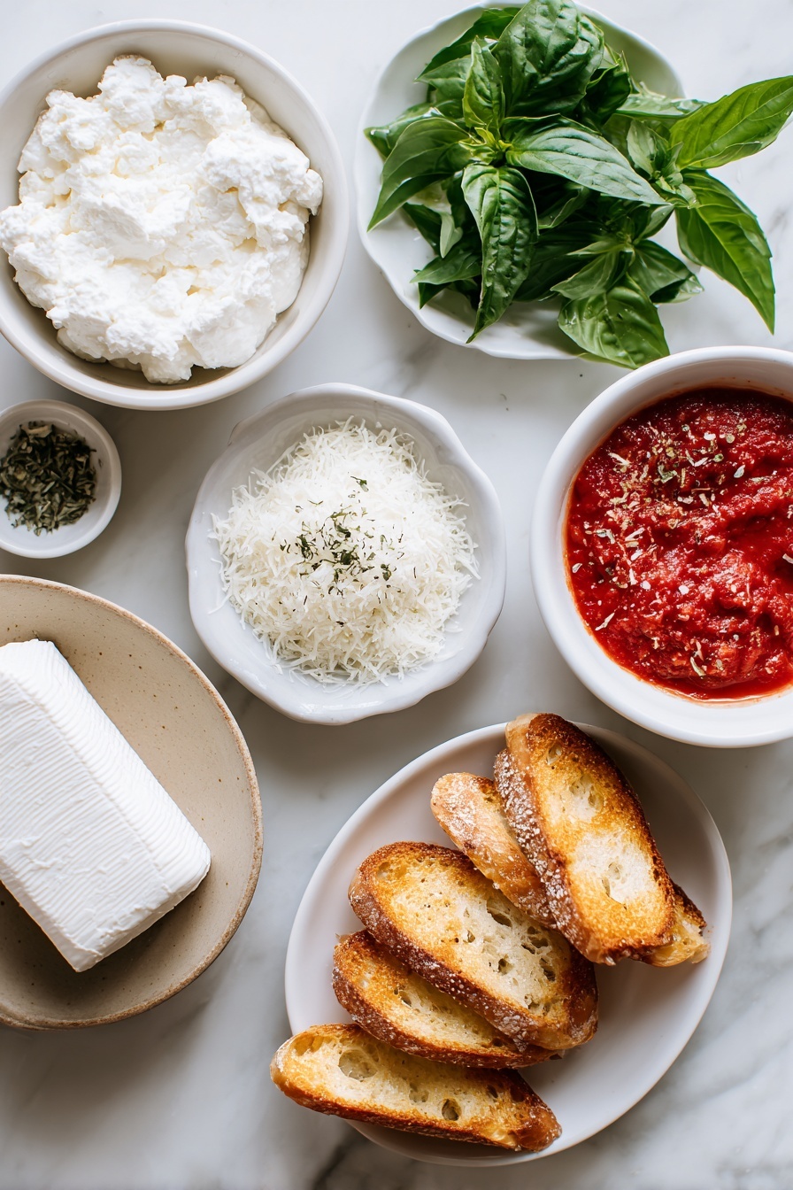 Goat Cheese Marinara Dip, easy goat cheese dip, savory appetizer recipe, tasty cheese and marinara dip, crowd-pleasing party dip - Flat lay of fresh goat cheese log, soft cream cheese in a small white bowl, a small white bowl filled with freshly grated Parmesan cheese, dried basil sprinkled neatly on a white ceramic plate, a small white bowl of bright red marinara sauce, a pinch of coarse kosher salt arranged artfully on a white dish, fresh green basil leaves loosely stacked, several toasted golden crostini slices arranged in a fan shape on a white plate, placed on a clean white marble surface, soft natural light, photo taken with an iPhone, professional food photography style, fresh ingredients, white ceramic bowls, no bottles, no duplicates, no utensils, no packaging --ar 2:3 --v 7 --p m7354615311229779997