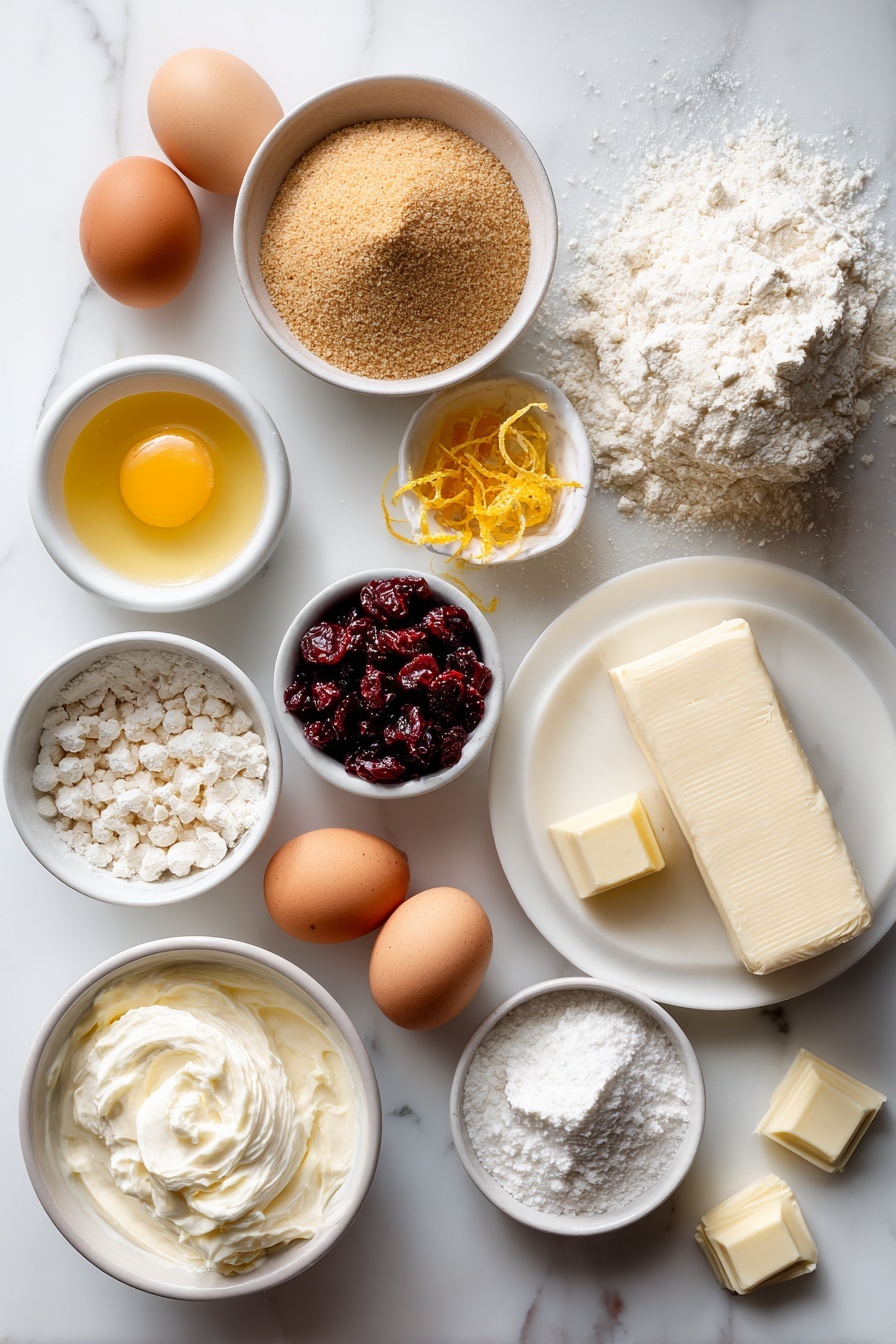 Cranberry White Chocolate Bliss Bars, cranberry white chocolate bars, festive dessert bars, easy holiday treats, moist white chocolate bars - Flat lay of a small mound of light brown sugar, a few whole uncracked brown eggs, a small pile of all-purpose flour, a small heap of white chocolate chips, a few dried cranberries scattered, two small white bowls—one with melted unsalted butter, one with vanilla extract, a few strips of fresh orange zest, a block of brick-style full-fat cream cheese, a small mound of powdered sugar, a small white bowl with whipping cream, and a few small chunks of white baking chocolate placed on a simple white ceramic plate, all arranged with perfect symmetry, placed on a clean white marble surface, soft natural light, photo taken with an iPhone, professional food photography style, fresh ingredients, white ceramic bowls, no bottles, no duplicates, no utensils, no packaging --ar 2:3 --v 7 --p m7354615311229779997