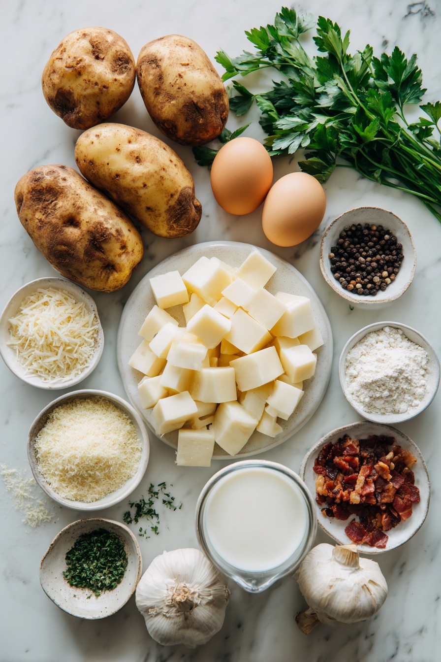 Crispy Potato Cheese Balls, cheesy snack recipes, crispy appetizer ideas, potato ball recipes, cheesy finger foods - Flat lay of two large russet potatoes peeled and chunky cut, a small white bowl of milk, a few pinches of coarse salt scattered, a small pile of black peppercorns, a small heap of garlic powder, a small mound of crumbled crispy bacon bits, mozzarella cheese block cut into half-inch cubes arranged neatly, a small white bowl filled with all-purpose flour, two whole uncracked brown eggs, a small white bowl of panko breadcrumbs mixed with dried parsley, and a few fresh parsley sprigs arranged symmetrically, all placed on a clean white marble surface, soft natural light, photo taken with an iPhone, professional food photography style, fresh ingredients, white ceramic bowls, no bottles, no duplicates, no utensils, no packaging --ar 2:3 --v 7 --p m7354615311229779997