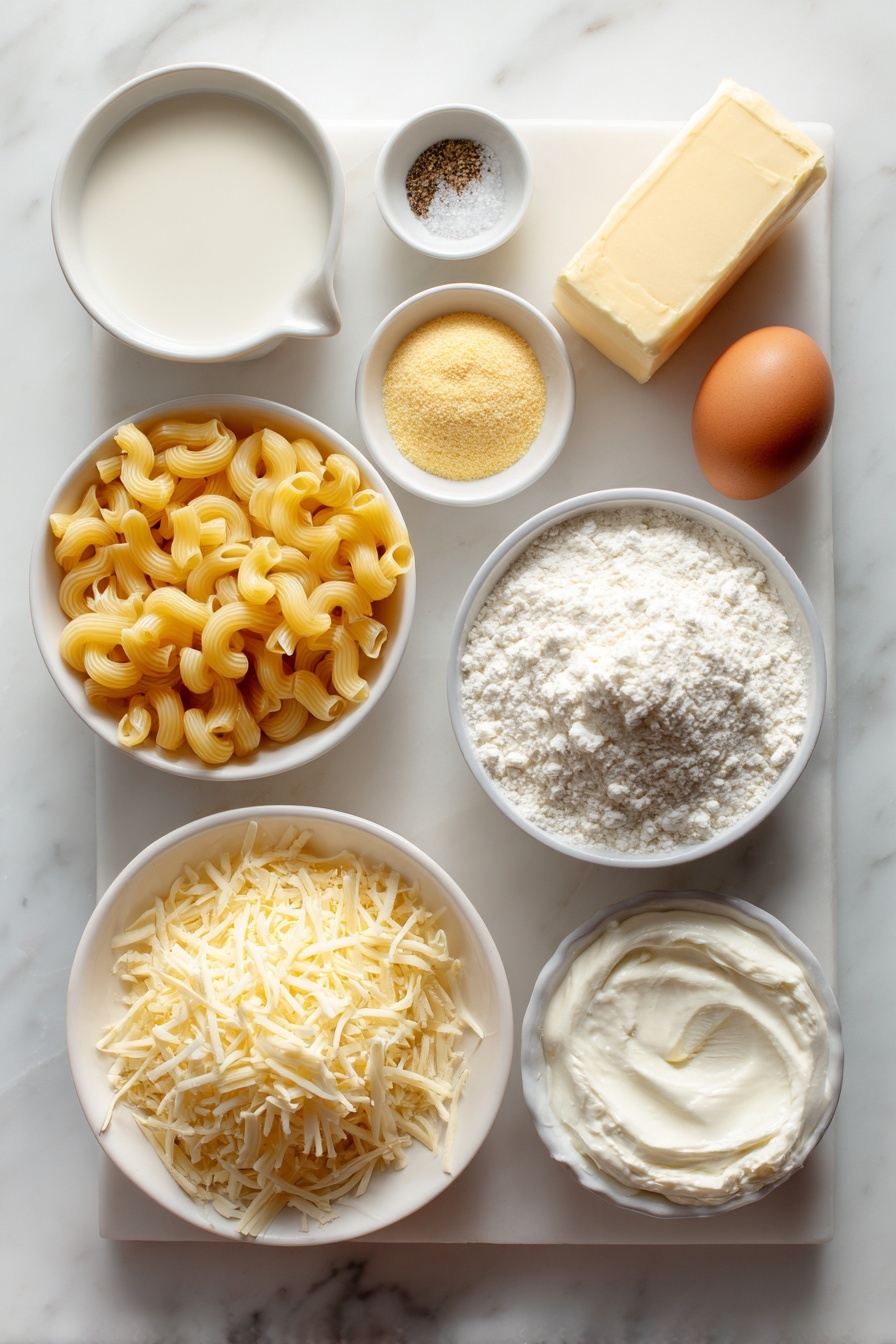Creamy Stovetop Mac and Cheese, easy creamy mac and cheese, homemade stovetop mac and cheese, cheesy pasta dinner, quick comfort food - Flat lay of small uncooked elbow macaroni pasta, a half cup of golden butter pat, a small pile of fine white flour, two small white bowls—one with creamy nonfat milk, one with rich heavy cream, a chunk of smooth cream cheese, freshly grated sharp cheddar cheese forming a neat mound, a smaller mound of freshly grated Parmesan cheese, a small white bowl holding pale yellow dry mustard powder, two clean whole brown eggs, salt and pepper grains in small white bowls, all arranged symmetrically on a simple white ceramic surface placed on a clean white marble surface, soft natural light, photo taken with an iPhone, professional food photography style, fresh ingredients, white ceramic bowls, no bottles, no duplicates, no utensils, no packaging --ar 2:3 --v 7 --p m7354615311229779997