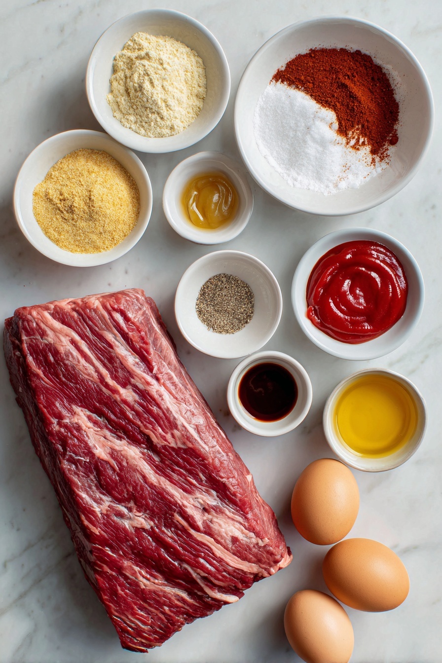 Slow Cooker Honey BBQ Beef Brisket, Honey BBQ Beef Brisket, Slow Cooker Brisket Recipe, Tender BBQ Beef, Easy Brisket Dinner - Flat lay of a whole raw beef brisket with visible marbling, a small pile of reddish-brown chili powder, a heap of pale yellow garlic powder, a mound of coarse white salt crystals, a small heap of ground black pepper, a small white ceramic bowl of bright red ketchup, a small white bowl of dark glossy molasses, a small white bowl of golden honey, a small white bowl of light brown soft brown sugar, a small white bowl of deep brown Worcestershire sauce, a small white bowl of smooth pale yellow Dijon mustard, a small white bowl of clear light amber apple cider vinegar, a small white bowl of clear cold water mixed with fine white cornstarch powder, two whole uncracked brown eggs arranged symmetrically — all ingredients fresh and natural, balanced composition, placed on a clean white marble surface, soft natural light, photo taken with an iPhone, professional food photography style, fresh ingredients, white ceramic bowls, no bottles, no duplicates, no utensils, no packaging --ar 2:3 --v 7 --p m7354615311229779997