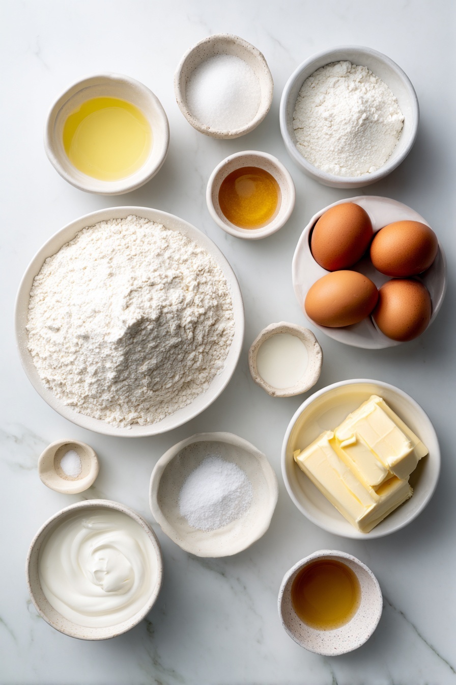 Vanilla Cake with Buttercream, vanilla cake recipe, homemade vanilla cake, classic vanilla sponge, buttercream frosting tutorial - Flat lay of a small mound of white all-purpose flour, a small white ceramic bowl filled with fine white cornstarch, a small white ceramic bowl with white granulated sugar, a small white ceramic bowl holding pale yellow vegetable oil, a small white ceramic bowl containing thick white buttermilk, three whole brown eggs with clean shells, a small white ceramic bowl with golden unsalted butter, a small white ceramic bowl of powdered sugar, a small white ceramic bowl with milky cream, a small white ceramic bowl with clear white vinegar, a small white ceramic bowl with light amber vanilla extract, and a small pinch of fine white baking powder and baking soda arranged neatly on a clean white marble surface, soft natural light, photo taken with an iPhone, professional food photography style, fresh ingredients, white ceramic bowls, no bottles, no duplicates, no utensils, no packaging --ar 2:3 --v 7 --p m7354615311229779997